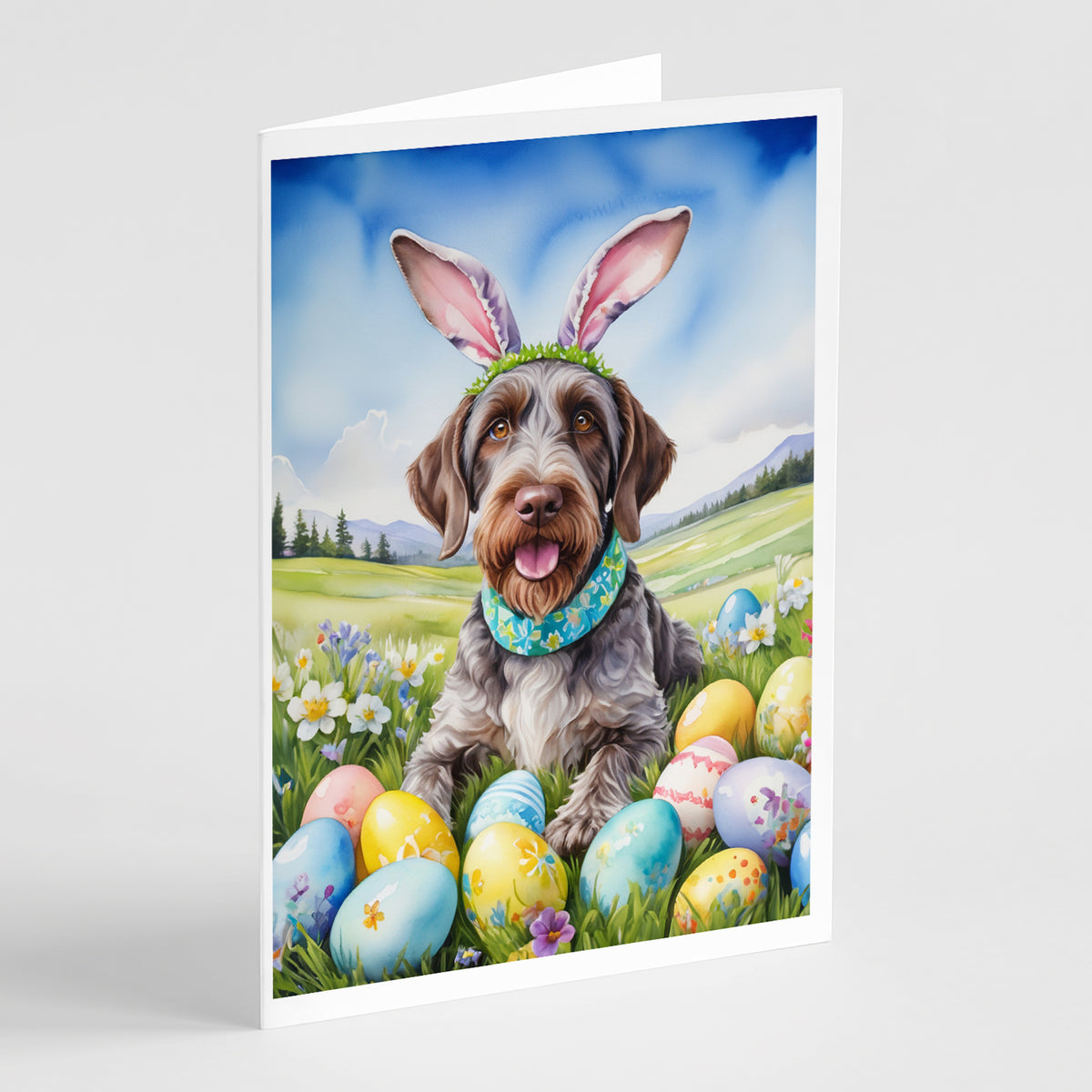 Buy this German Wirehaired Pointer Easter Egg Hunt Greeting Cards Pack of 8