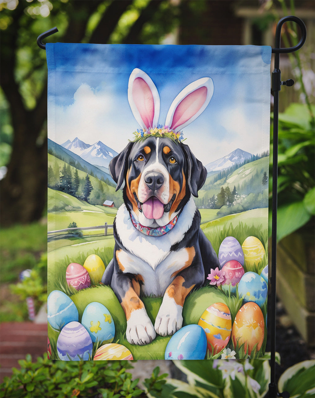 Greater Swiss Mountain Dog Easter Egg Hunt Garden Flag