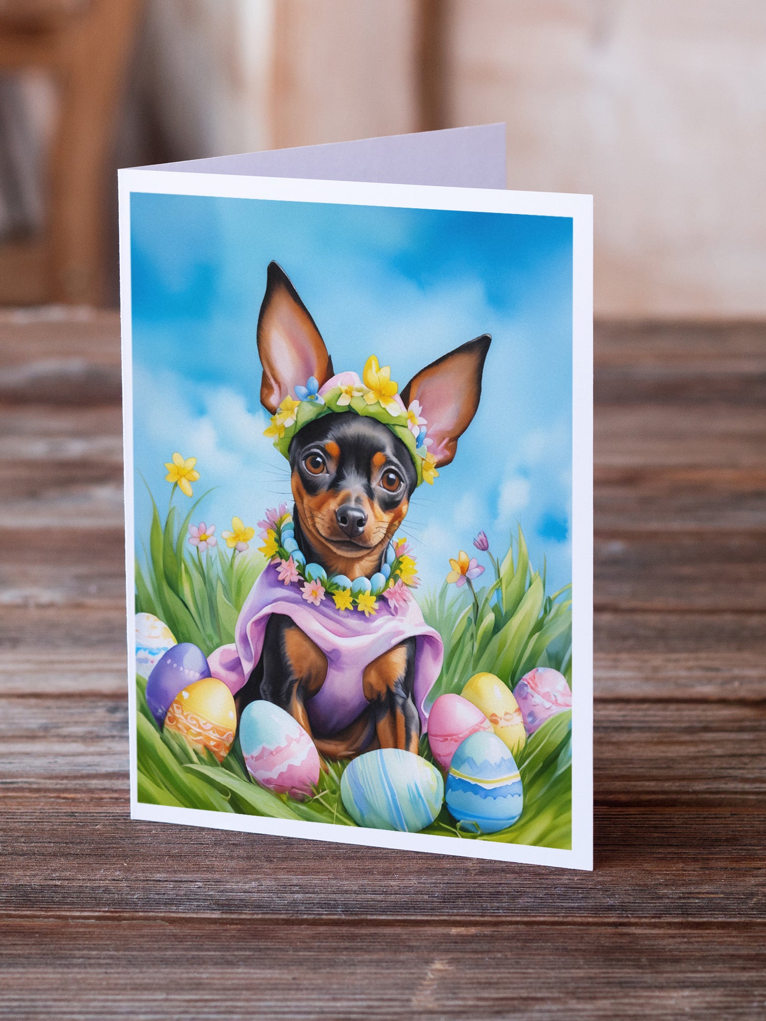 Caroline's Treasures Miniature Pinscher Easter Egg Hunt Greeting Cards - Blank Note Cards – 8-Pack of Artist-Designed Cards with Envelopes
