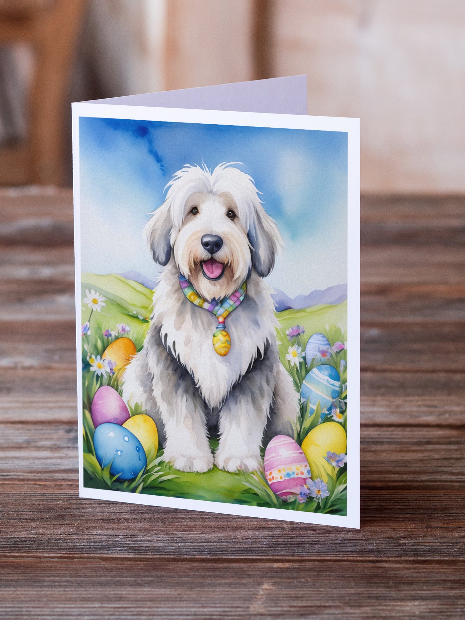 Old English Sheepdog Easter Egg Hunt Greeting Cards Pack of 8