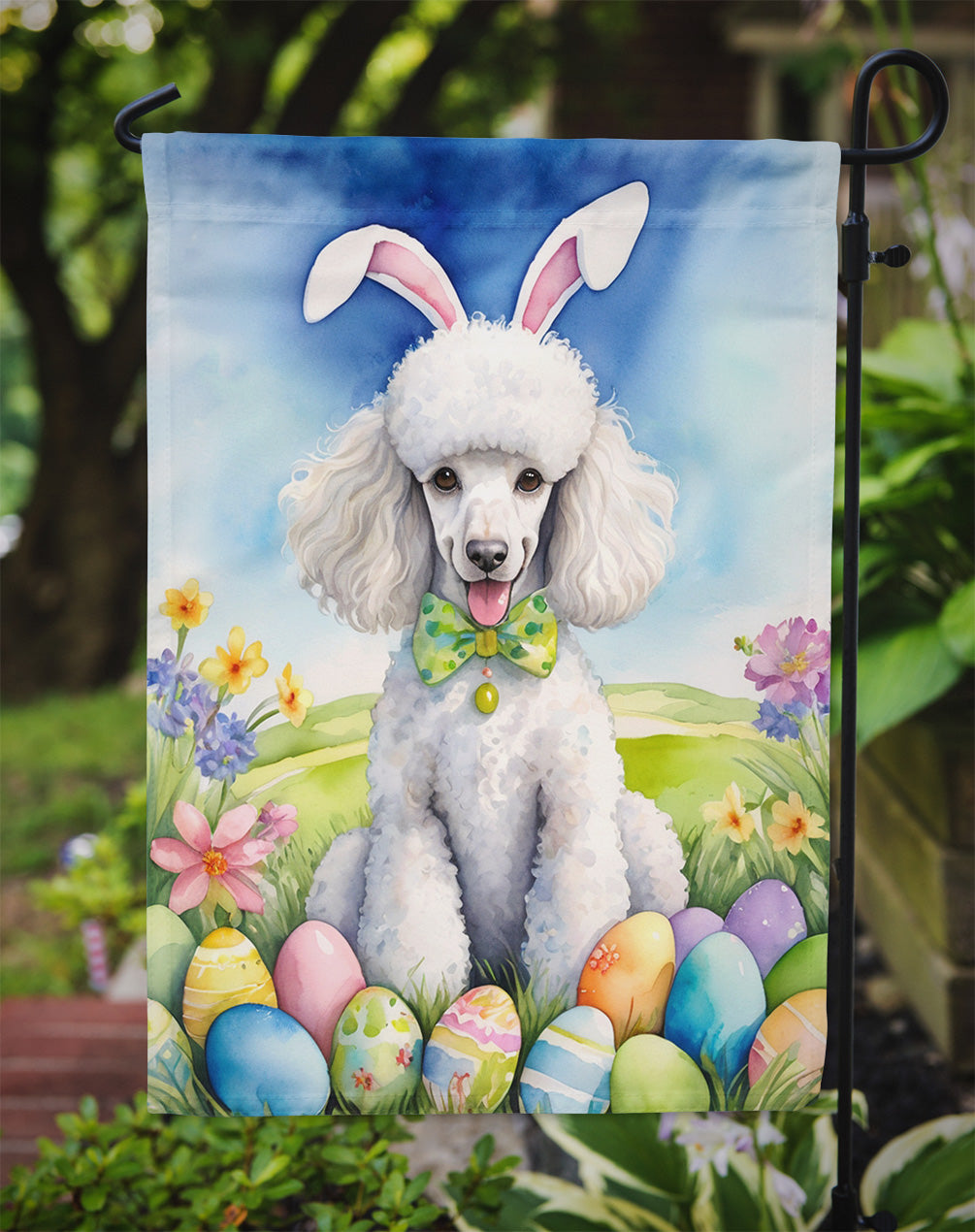 White Poodle Easter Egg Hunt Garden Flag