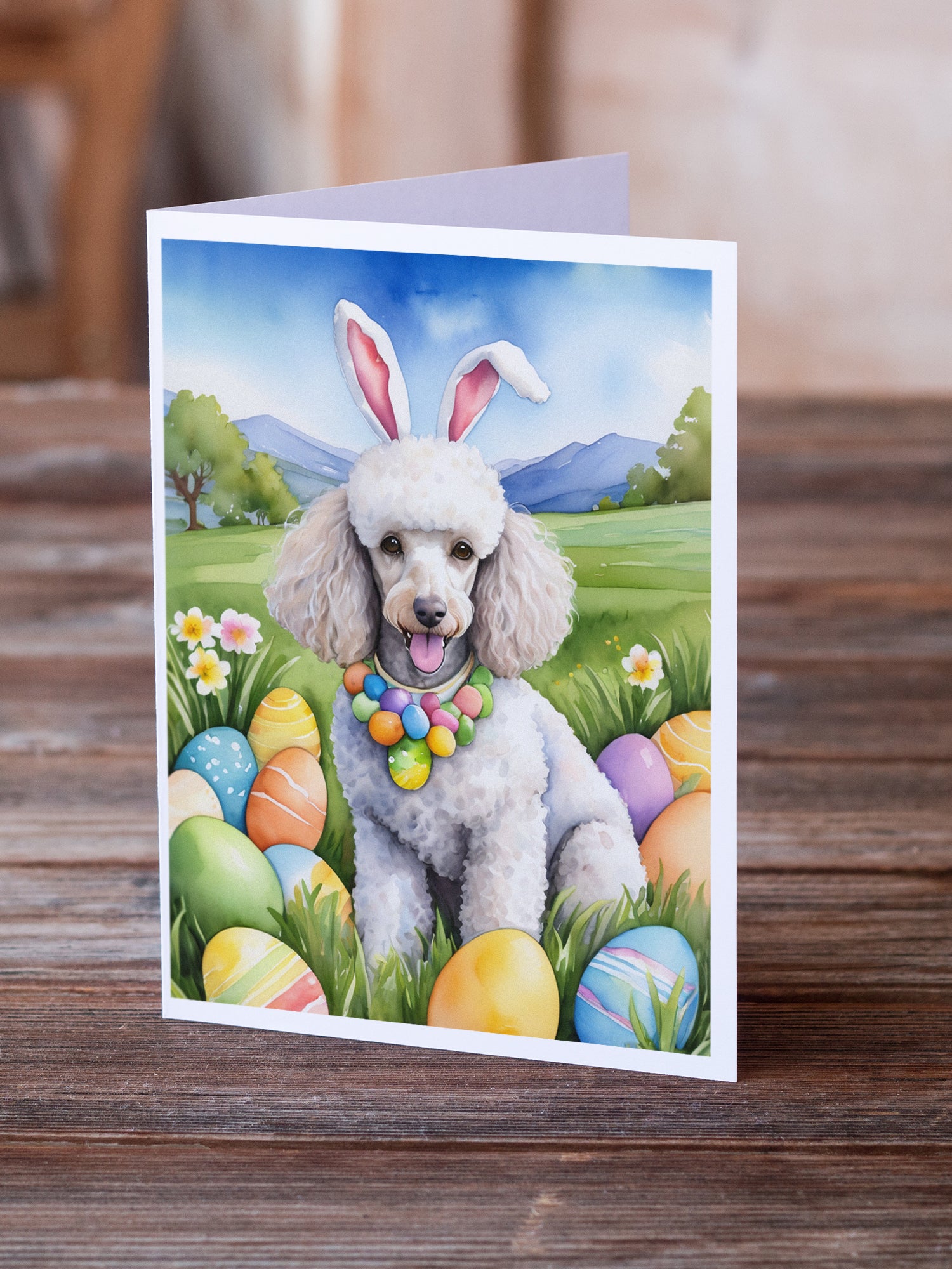 White Poodle Easter Egg Hunt Greeting Cards Pack of 8