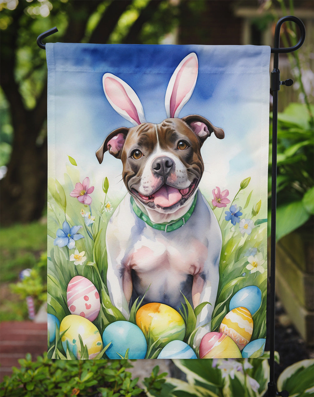 Staffordshire Bull Terrier Easter Egg Hunt Garden Flag