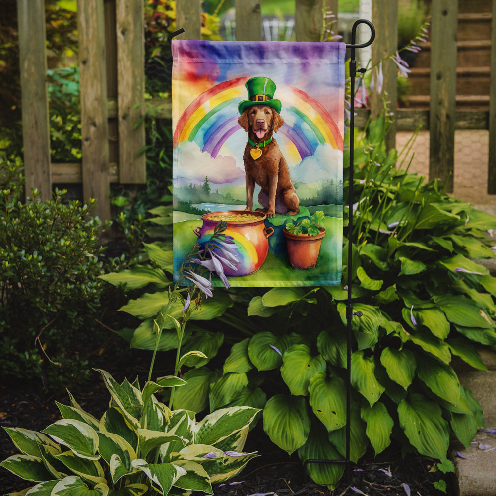Caroline's Treasures Chesapeake Bay Retriever St. Patrick’s Day Garden Flag – Dog with Pot of Gold & Rainbow Yard Decor