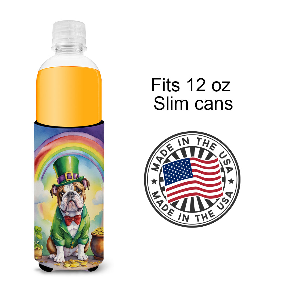 English Bulldog St Patrick's Day Hugger for Ultra Slim Cans