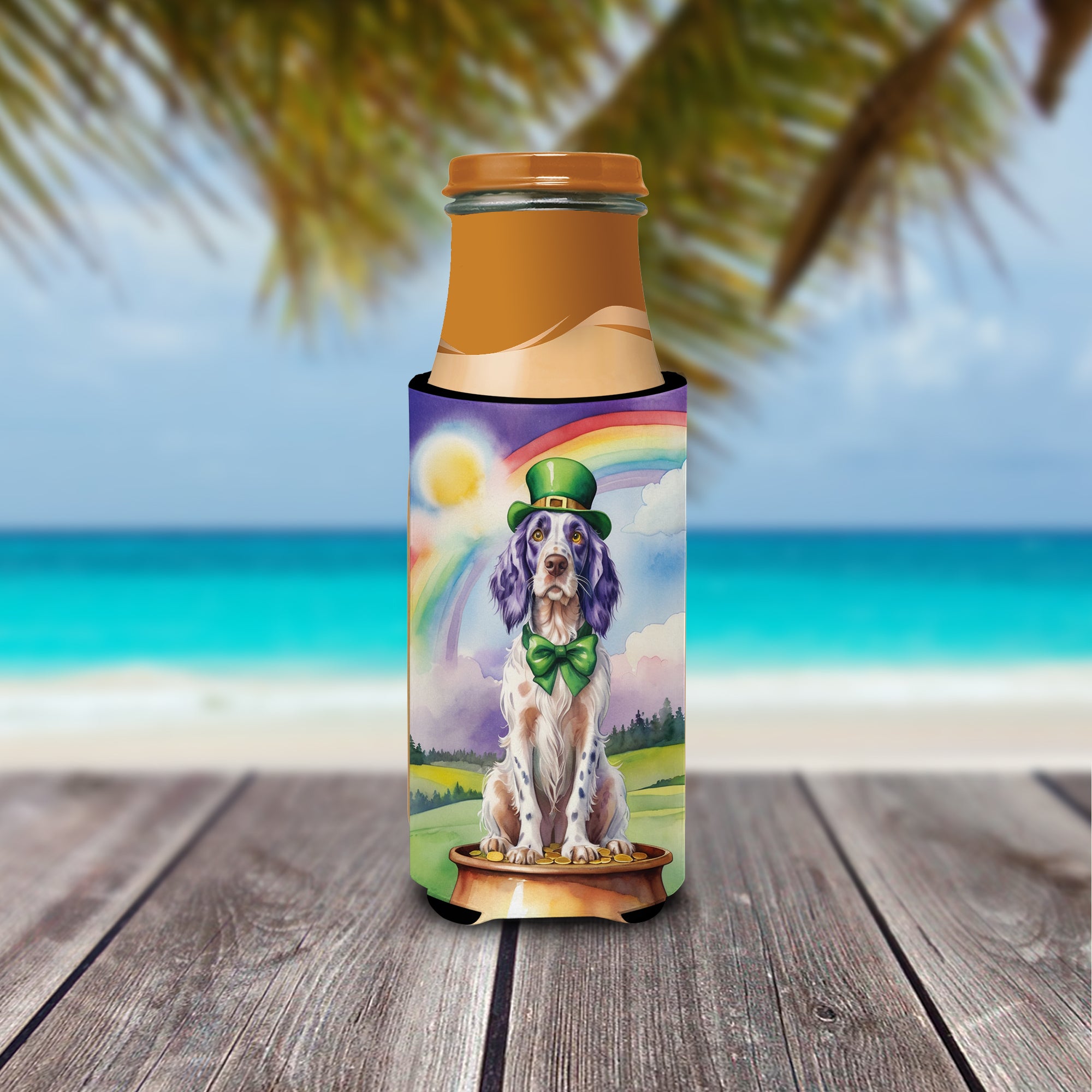 English Setter St Patrick's Day Hugger for Ultra Slim Cans