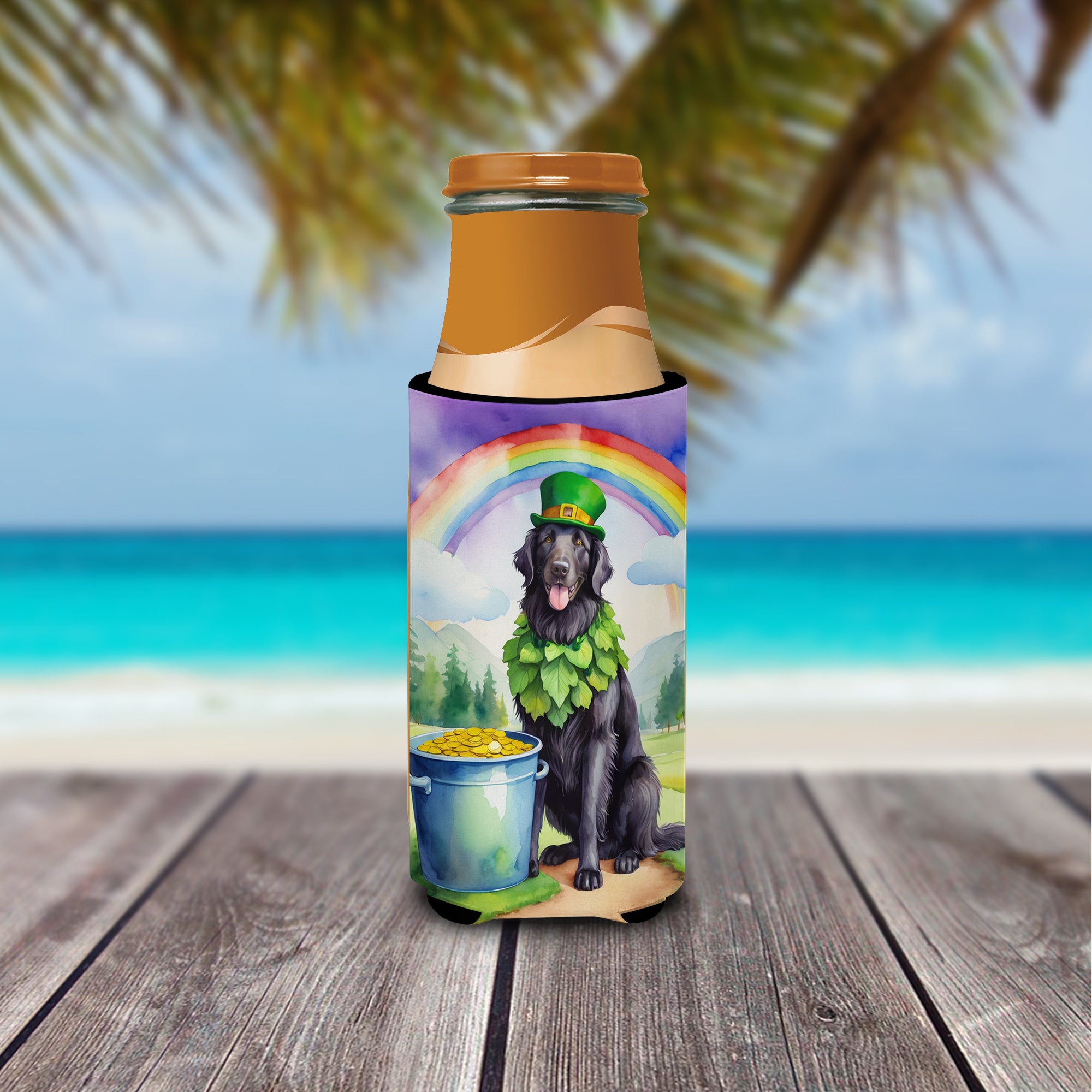 Flat-Coated Retriever St Patrick's Day Hugger for Ultra Slim Cans