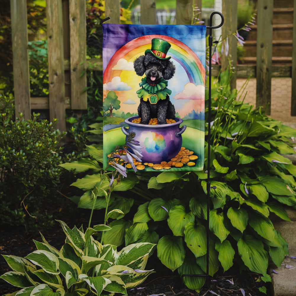 Caroline's Treasures Black Poodle St. Patrick’s Day Garden Flag – Dog with Pot of Gold & Rainbow Yard Decor