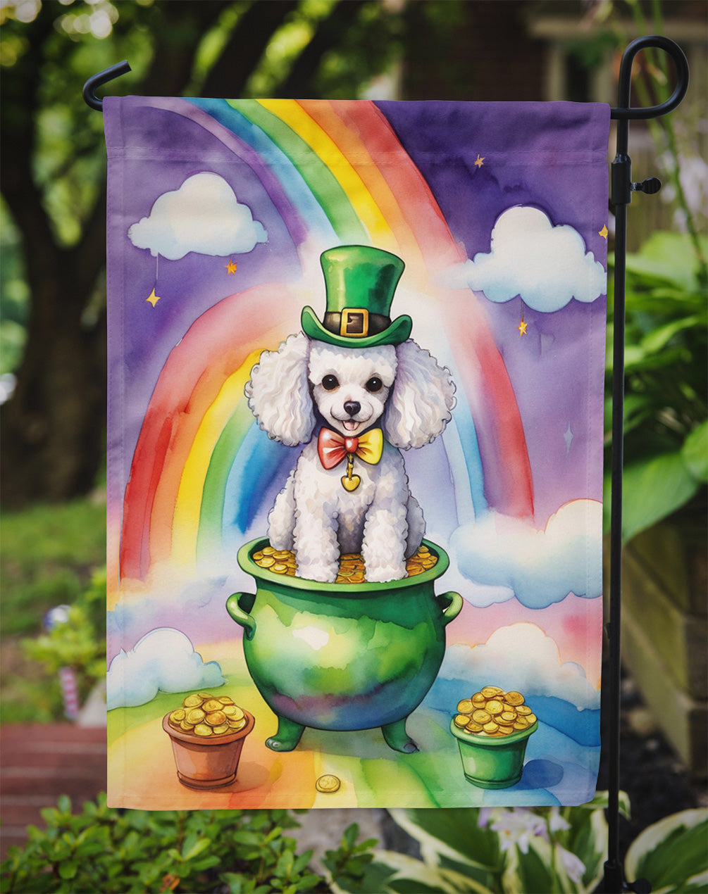 White Poodle St Patrick's Day Garden Flag