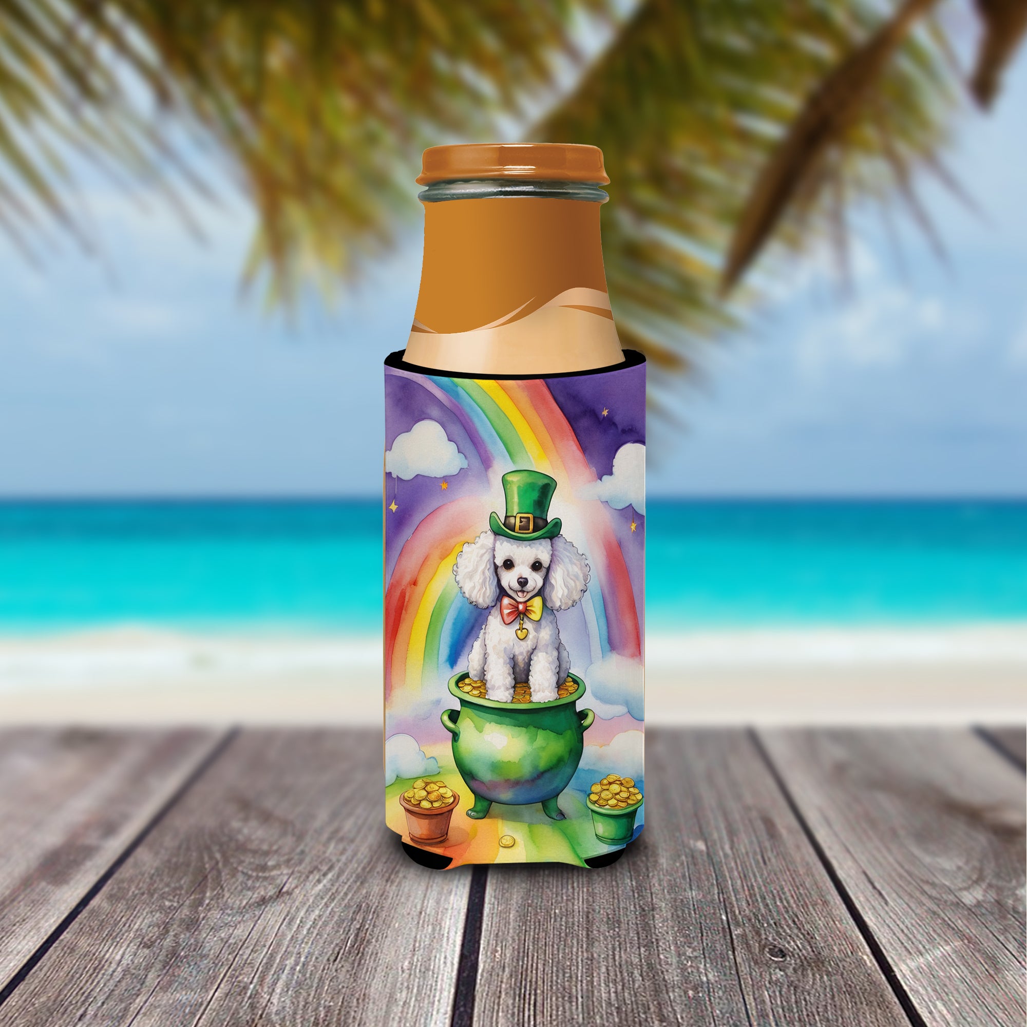 White Poodle St Patrick's Day Hugger for Ultra Slim Cans