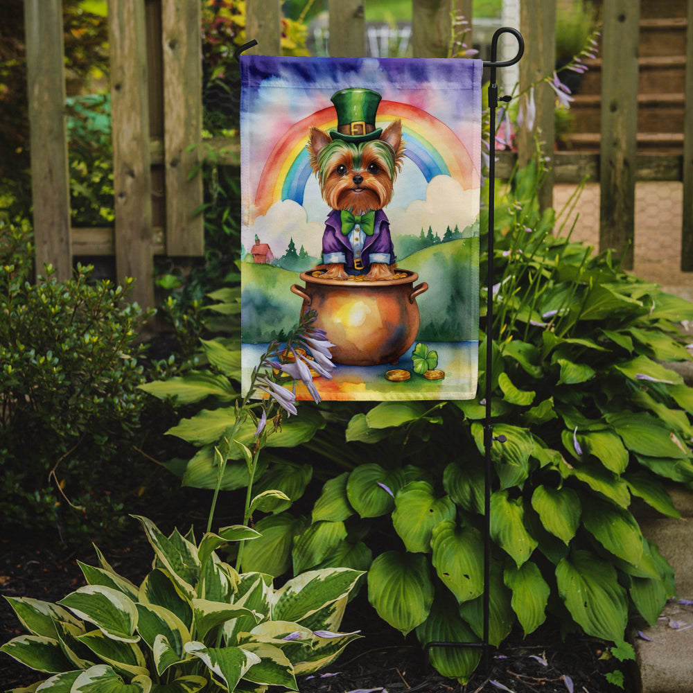 Caroline's Treasures Yorkshire Terrier St. Patrick’s Day Garden Flag – Dog with Pot of Gold & Rainbow Yard Decor