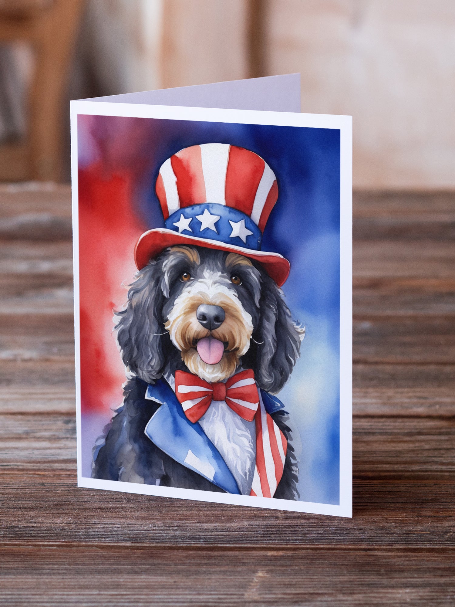 Bernedoodle Patriotic American Greeting Cards Pack of 8
