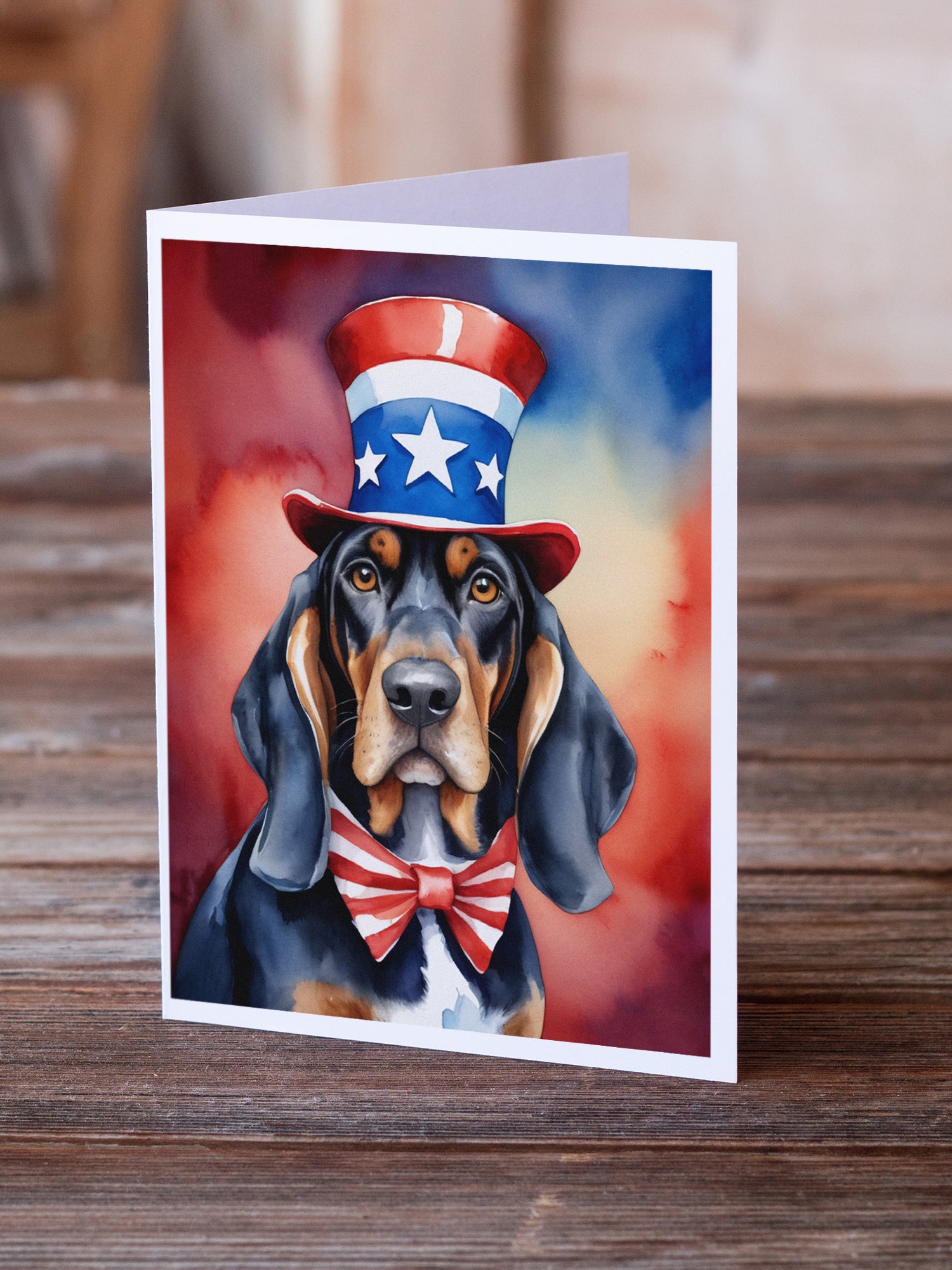 Black and Tan Coonhound Patriotic American Greeting Cards Pack of 8