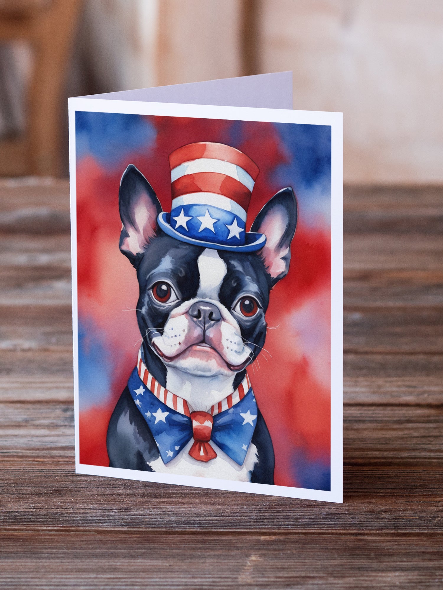Caroline's Treasures Boston Terrier Patriotic American Greeting Cards - Blank Note Cards – 8-Pack of Artist-Designed Cards with Envelopes