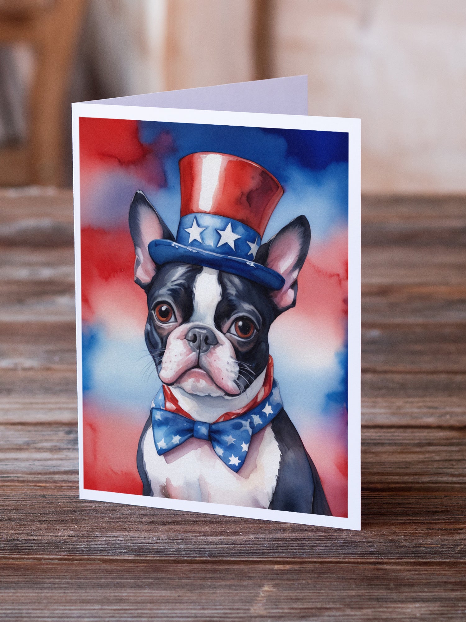Caroline's Treasures Boston Terrier Patriotic American Greeting Cards - Blank Note Cards – 8-Pack of Artist-Designed Cards with Envelopes