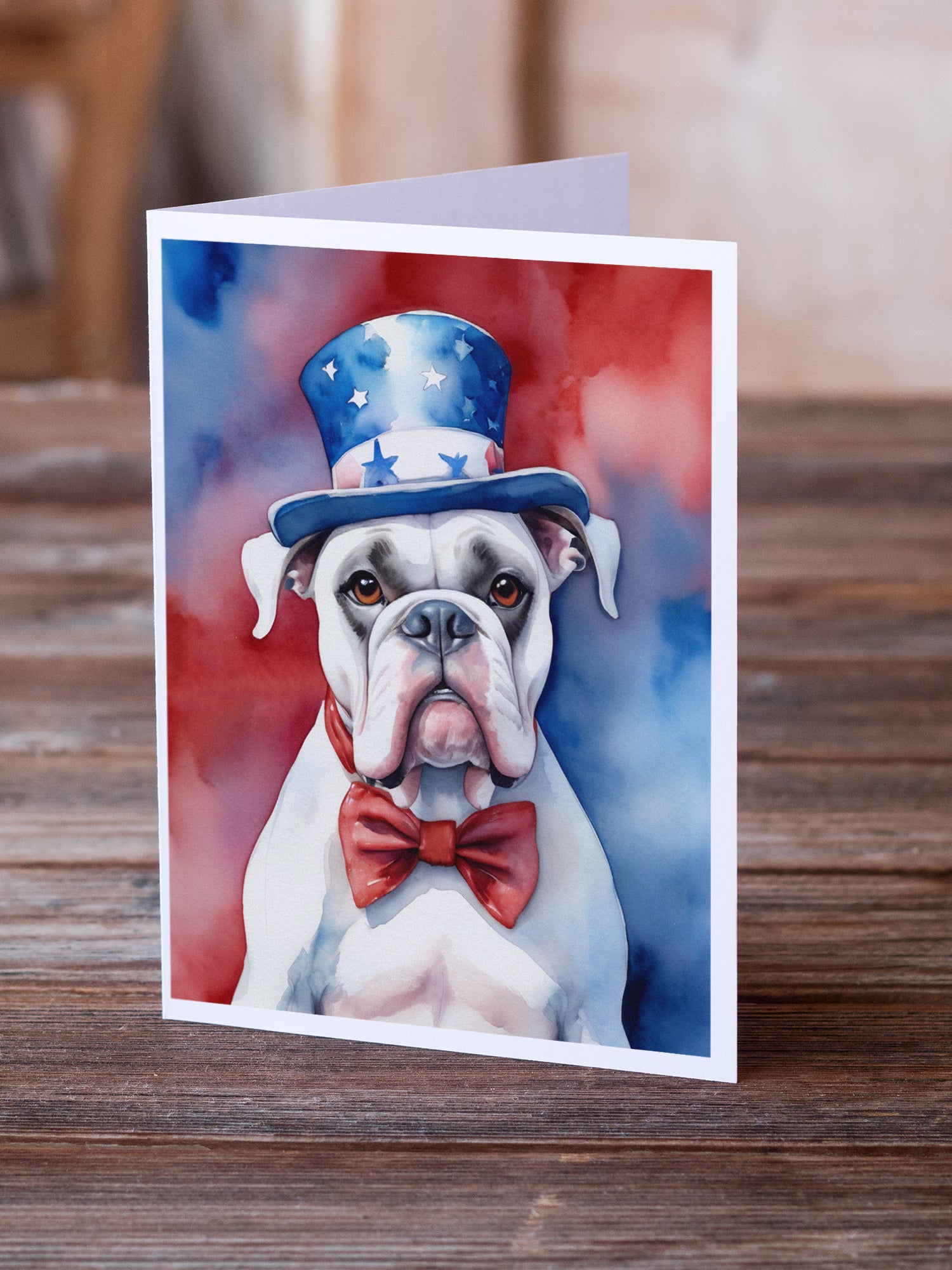 White Boxer Patriotic American Greeting Cards Pack of 8