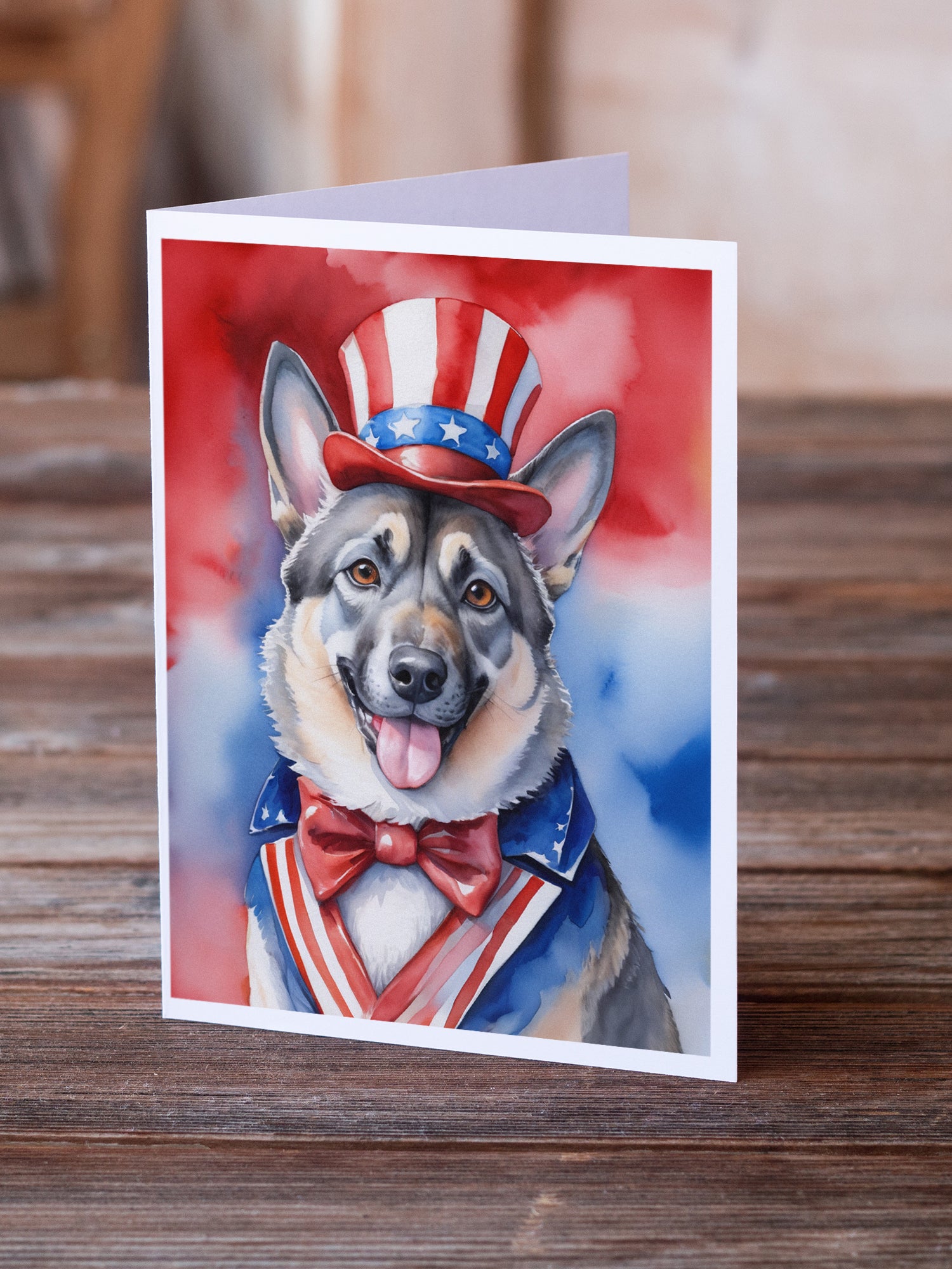 Norwegian Elkhound Patriotic American Greeting Cards Pack of 8