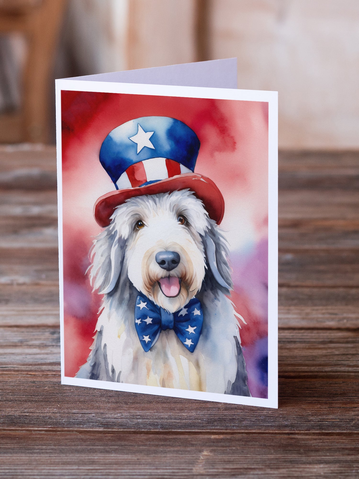 Old English Sheepdog Patriotic American Greeting Cards Pack of 8