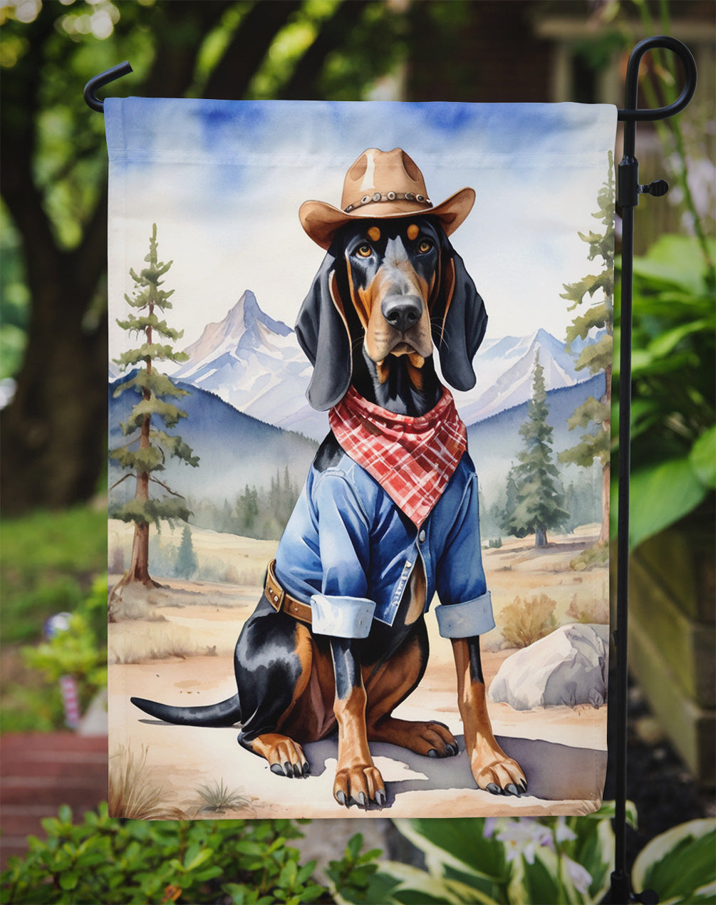 Black and Tan Coonhound Cowboy Welcome Garden Flag