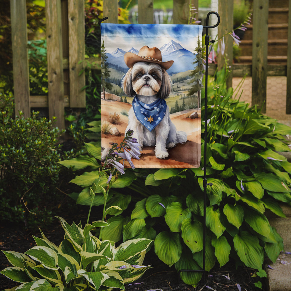 Caroline's Treasures Shih Tzu Cowboy Welcome Garden Flag – Western Dog Yard Decor with Mountain Landscape