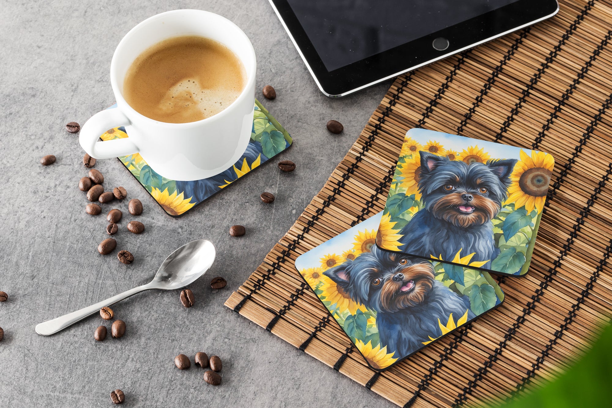 Affenpinscher in Sunflowers Foam Coasters