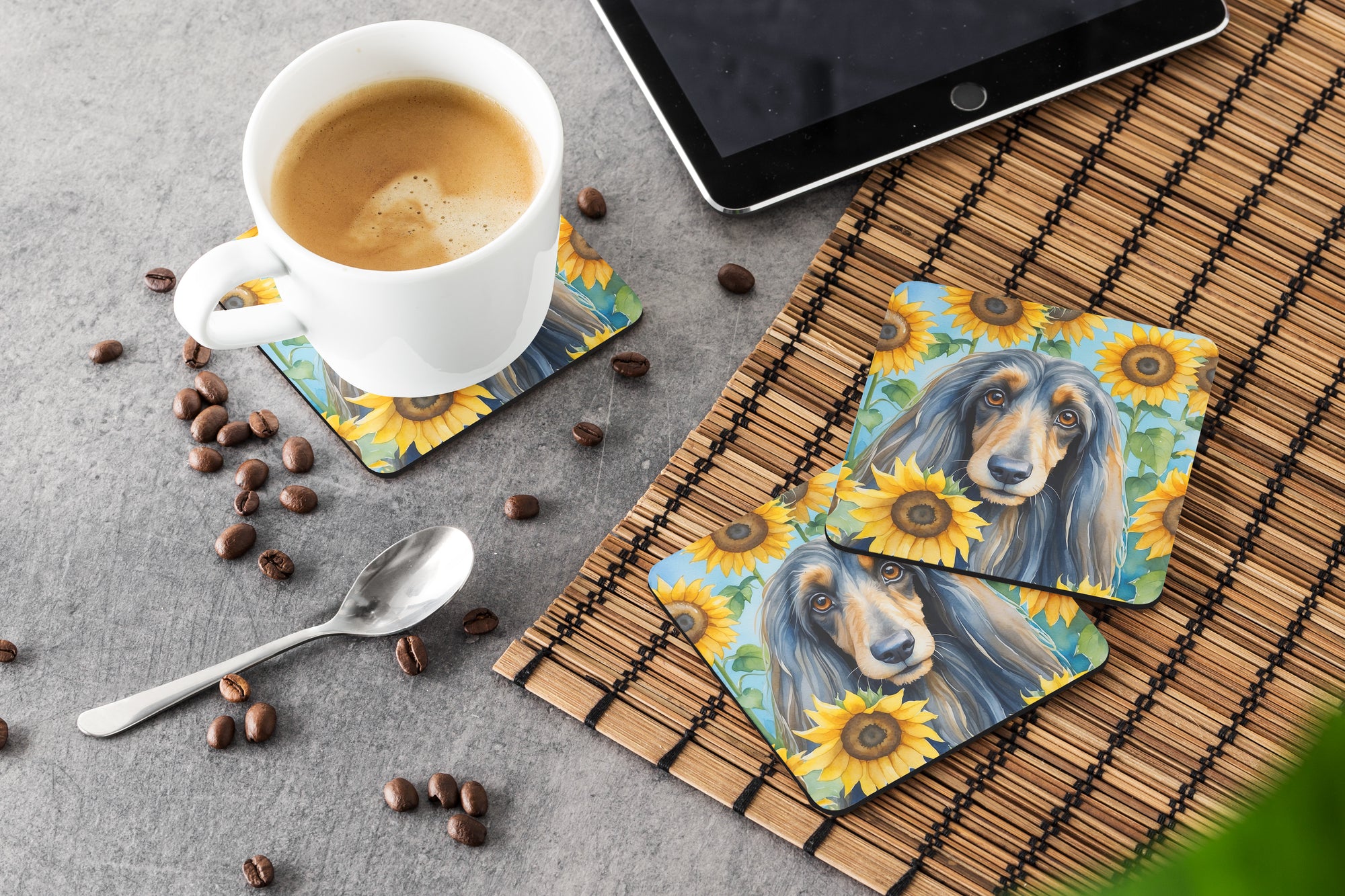 Afghan Hound in Sunflowers Foam Coasters