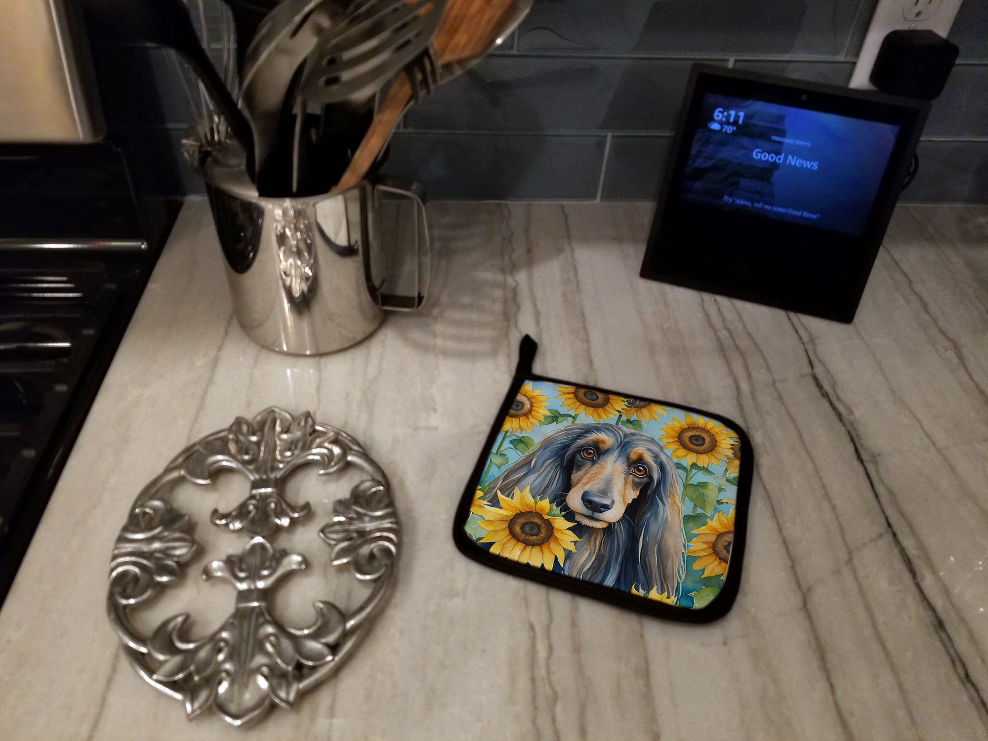 Afghan Hound in Sunflowers Pair of Pot Holders