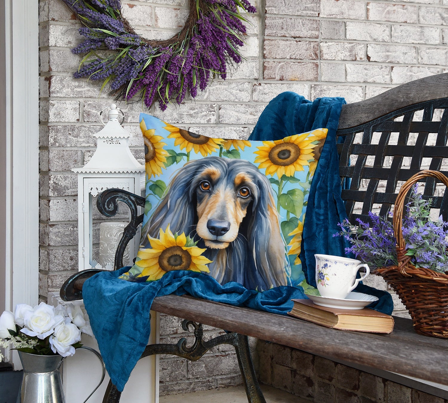 Afghan Hound in Sunflowers Throw Pillow