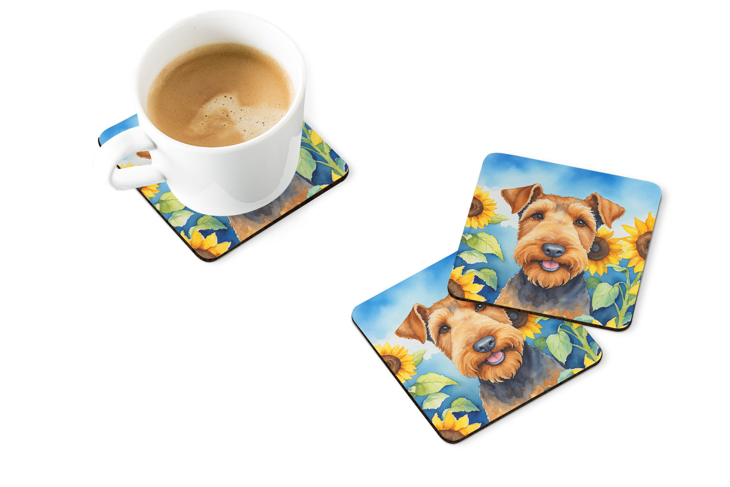 Airedale Terrier in Sunflowers Foam Coasters
