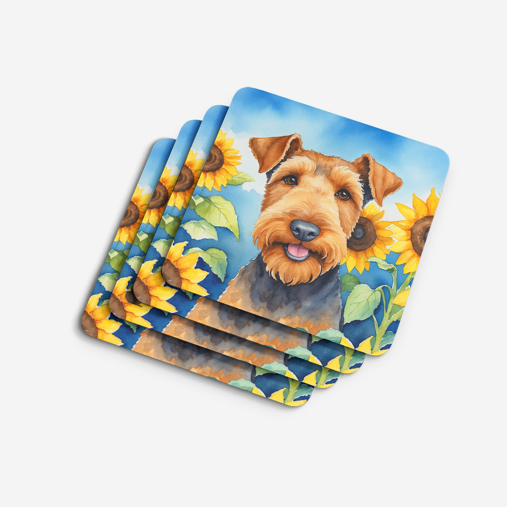 Airedale Terrier in Sunflowers Foam Coasters