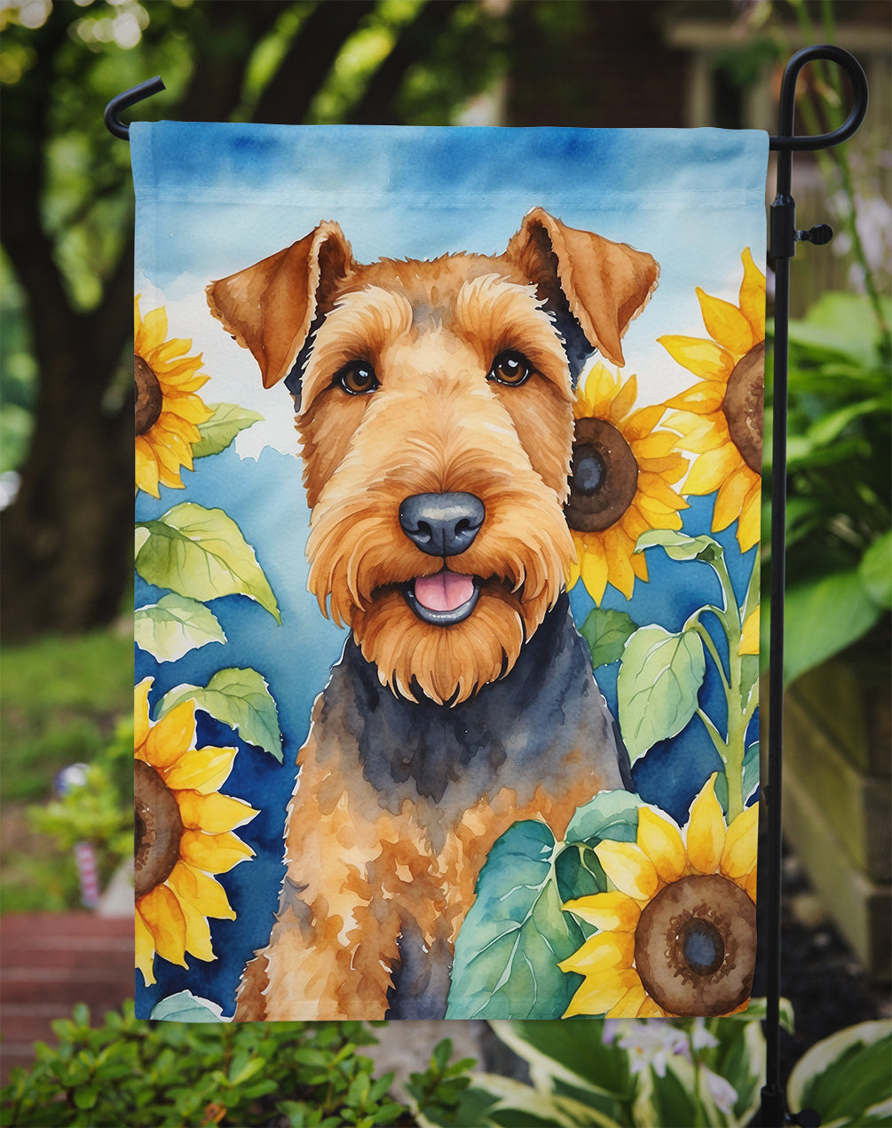 Airedale Terrier in Sunflowers Garden Flag