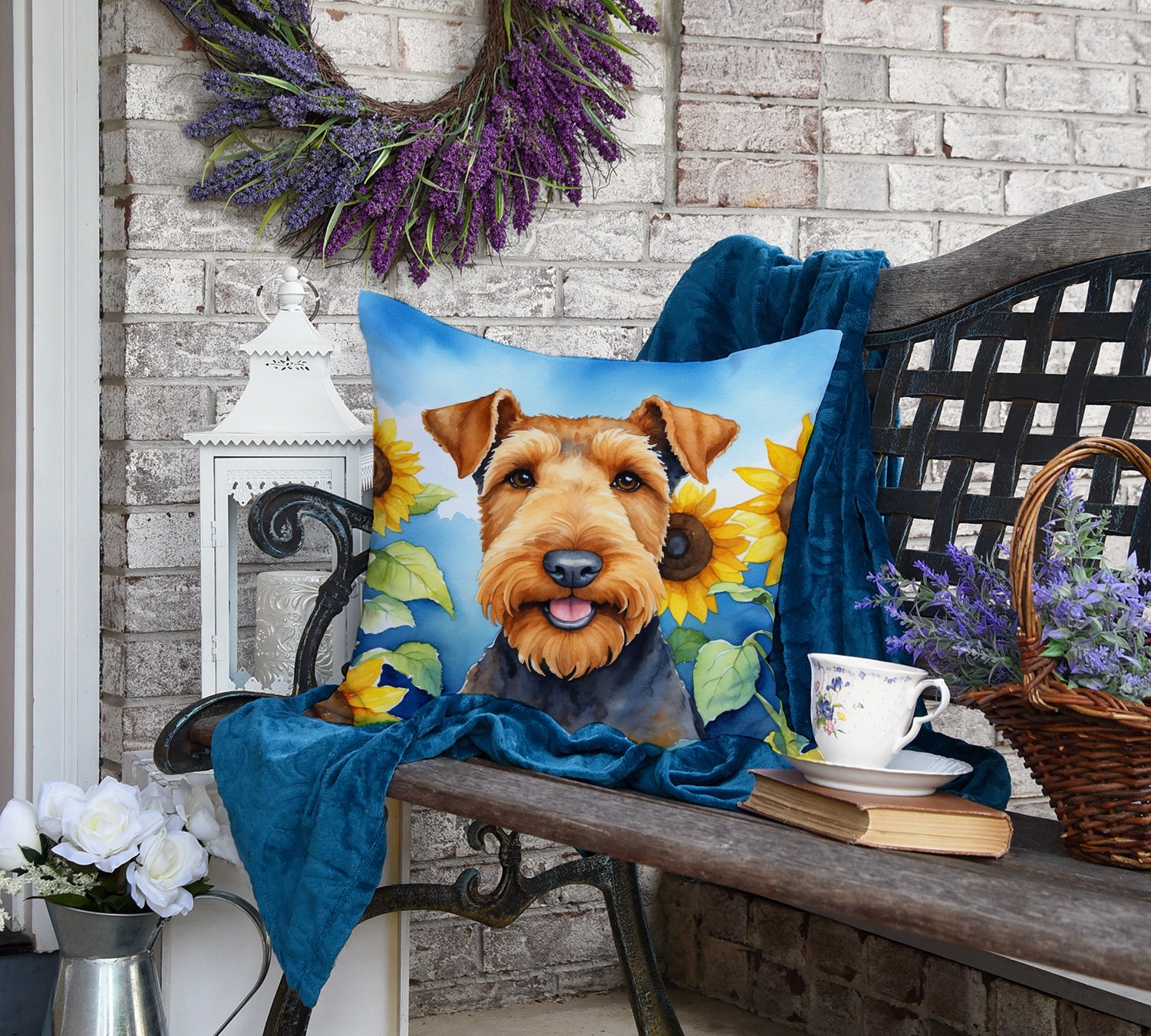Airedale Terrier in Sunflowers Throw Pillow