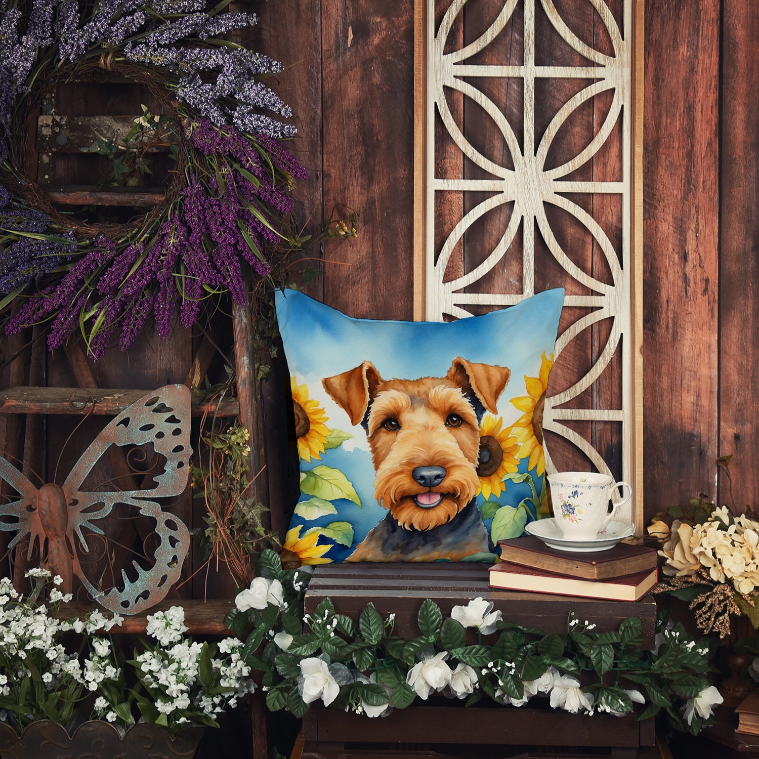 Airedale Terrier in Sunflowers Throw Pillow