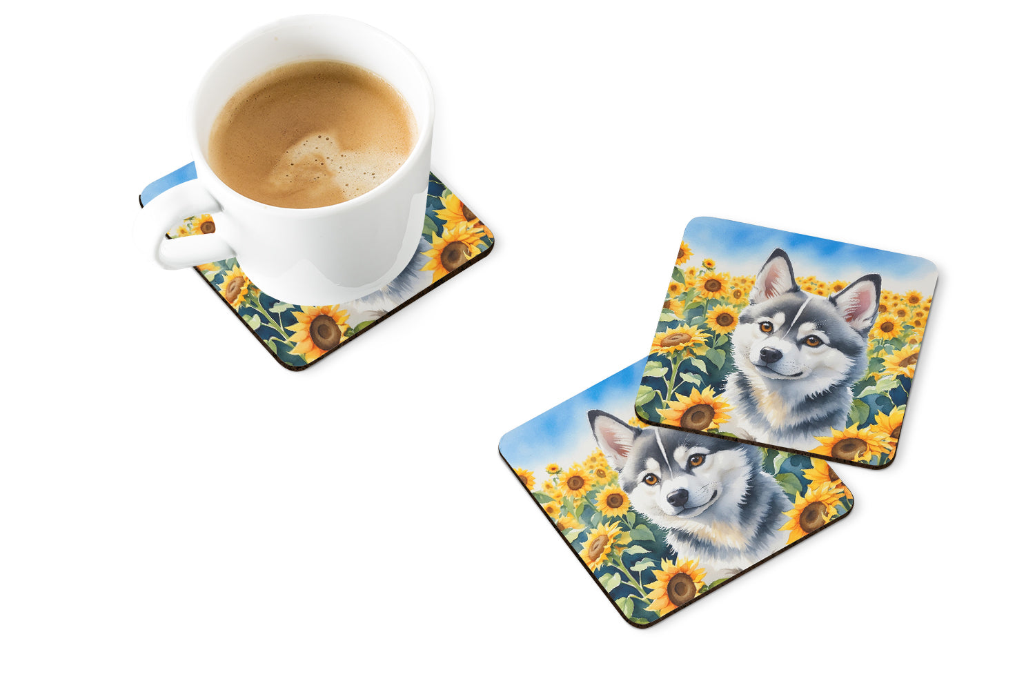 Buy this Alaskan Klee Kai in Sunflowers Foam Coasters