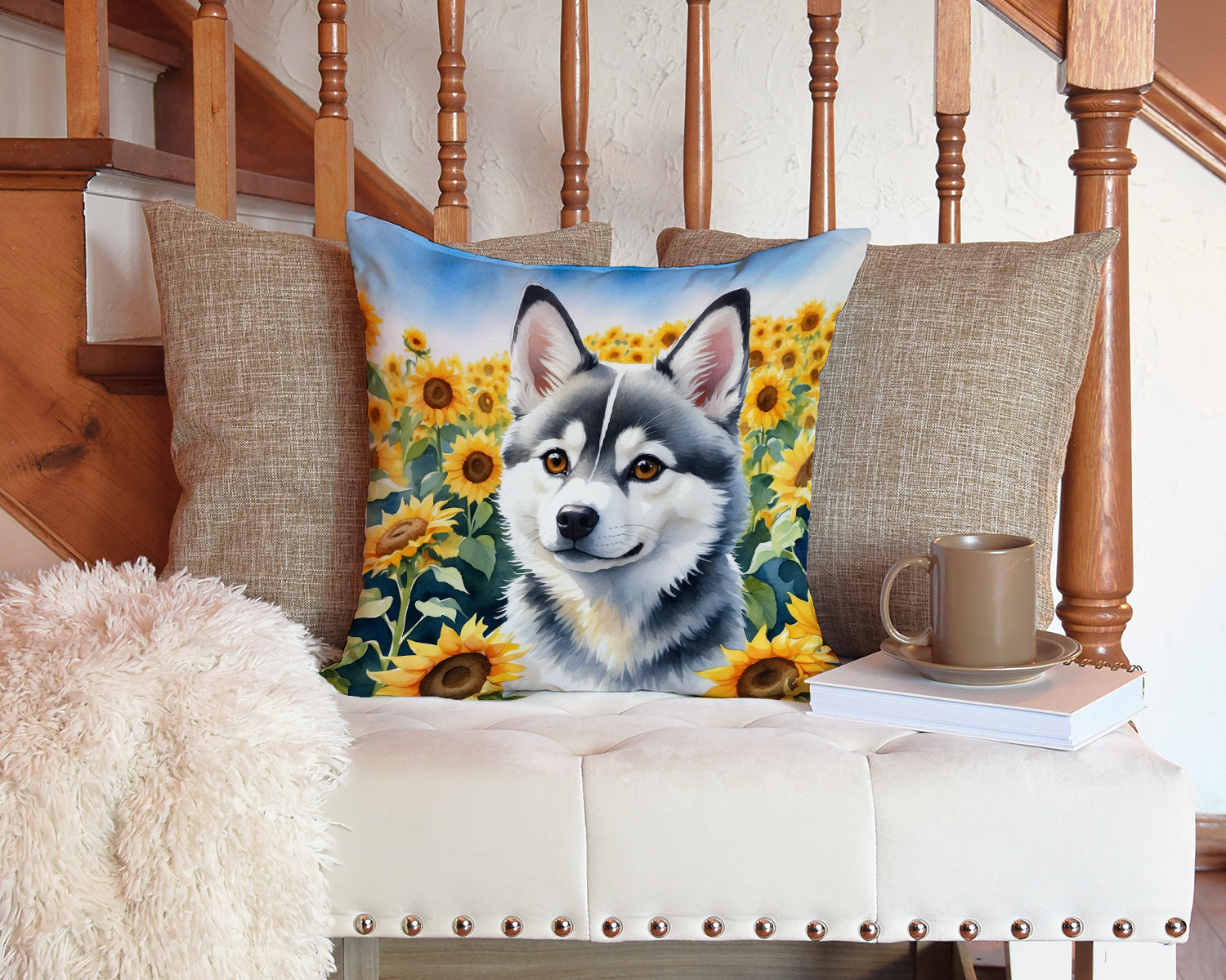 Alaskan Klee Kai in Sunflowers Throw Pillow
