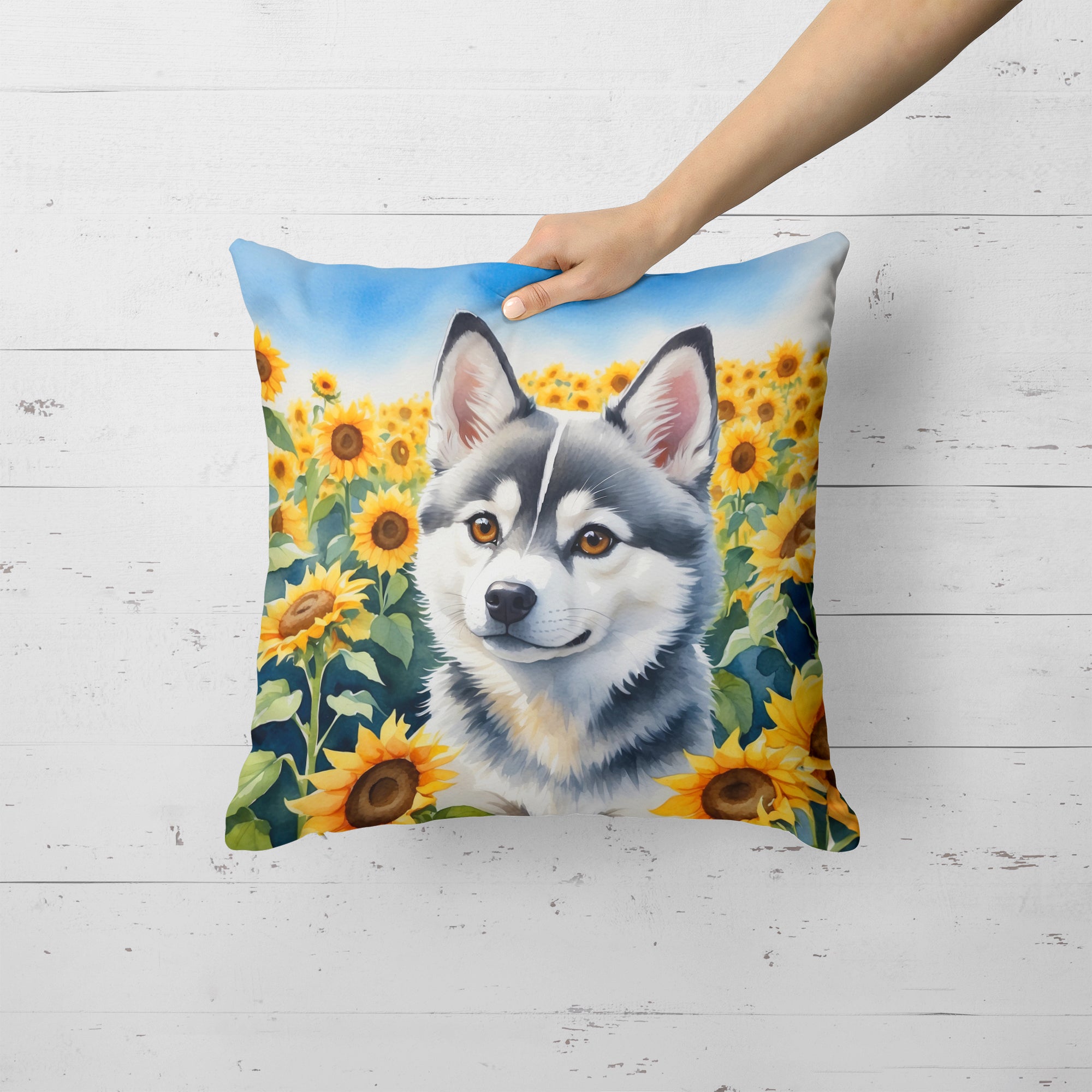 Buy this Alaskan Klee Kai in Sunflowers Throw Pillow