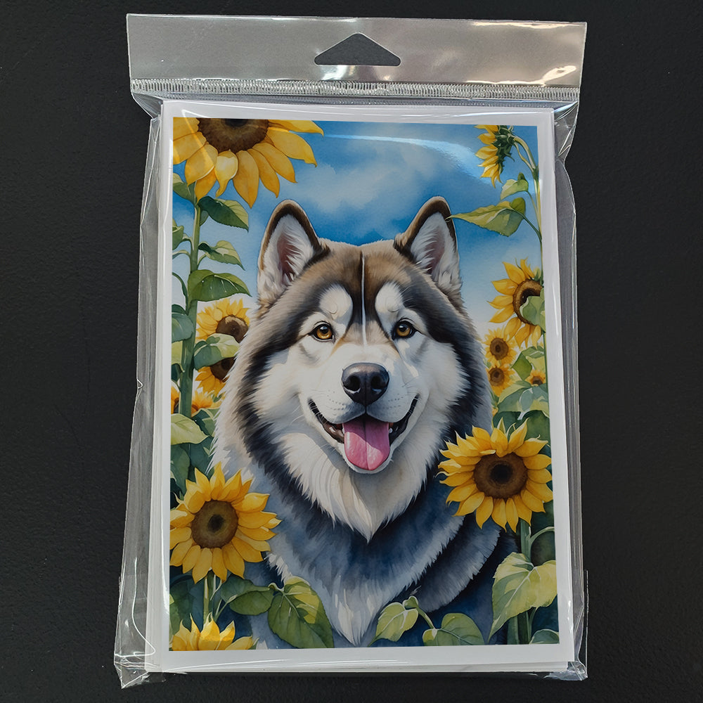Alaskan Malamute in Sunflowers Greeting Cards Pack of 8