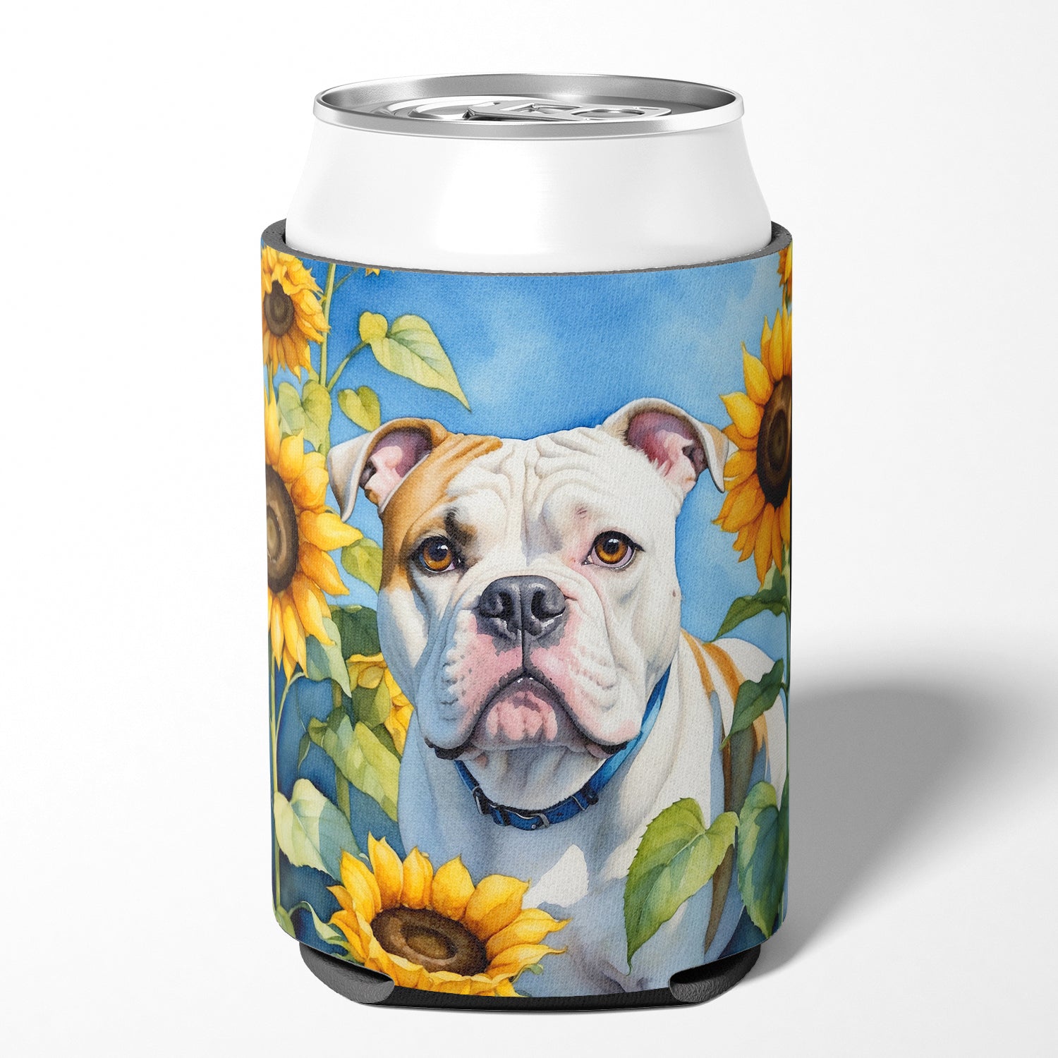 American Bulldog in Sunflowers Can or Bottle Hugger