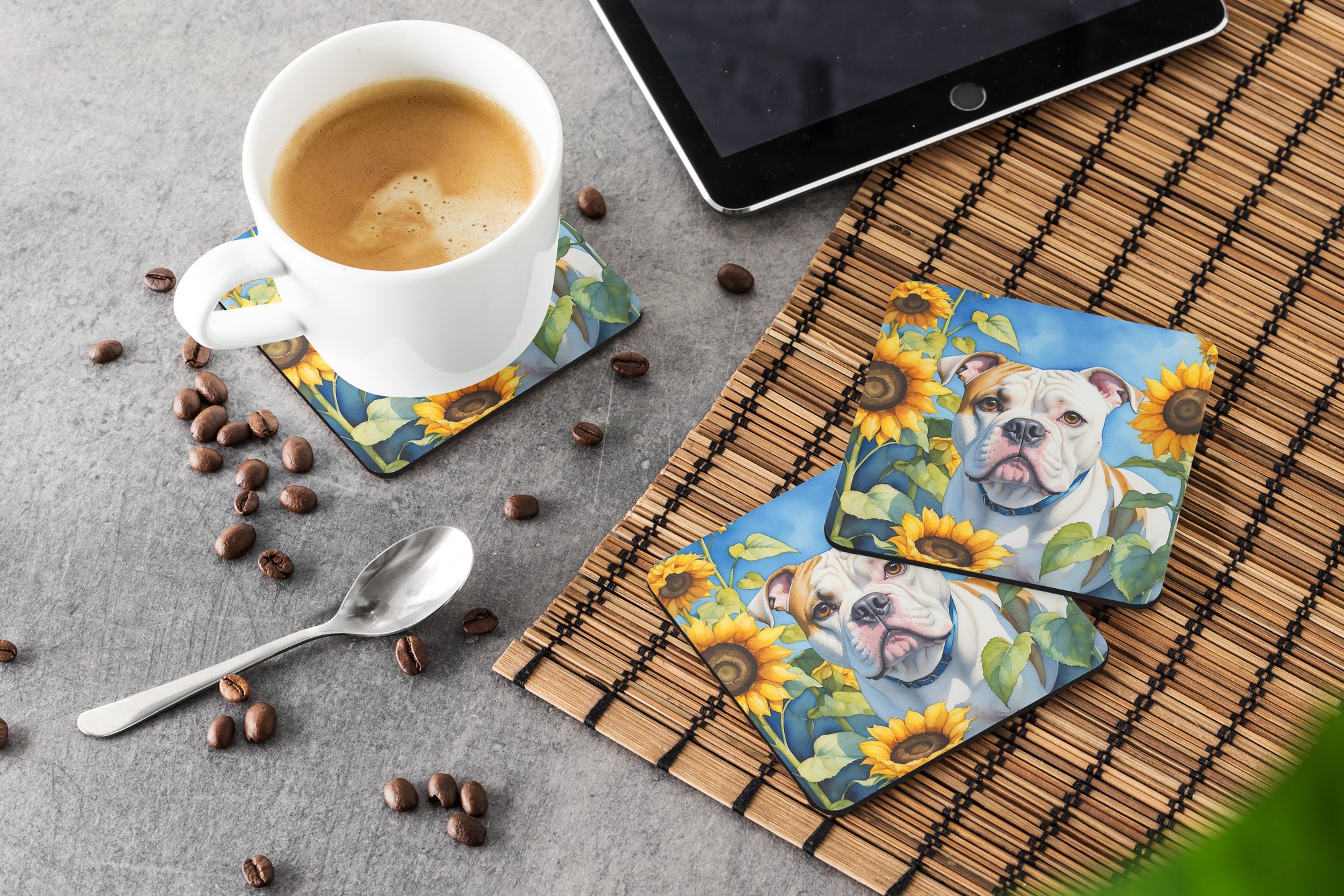 American Bulldog in Sunflowers Foam Coasters