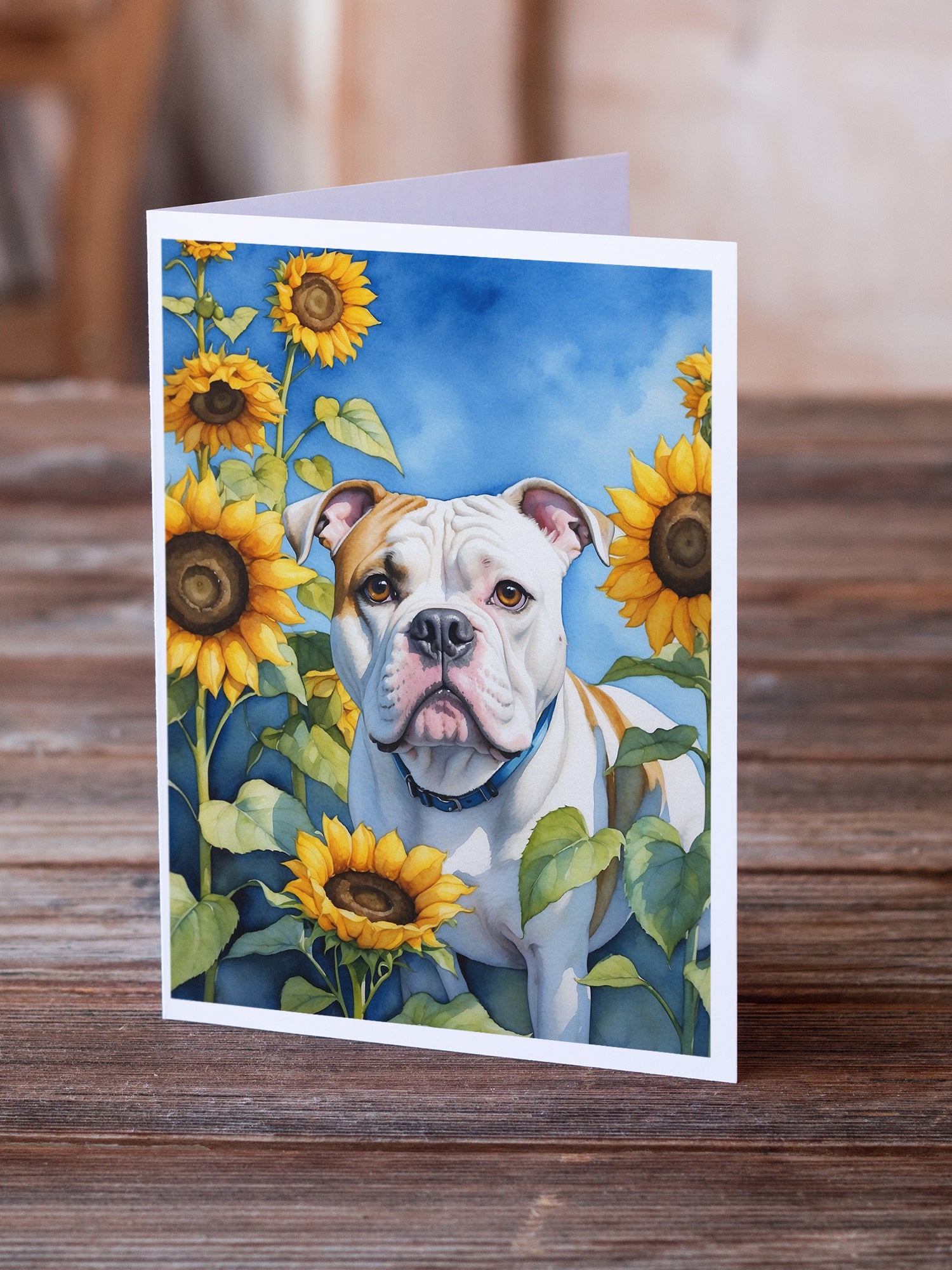 Buy this American Bulldog in Sunflowers Greeting Cards Pack of 8