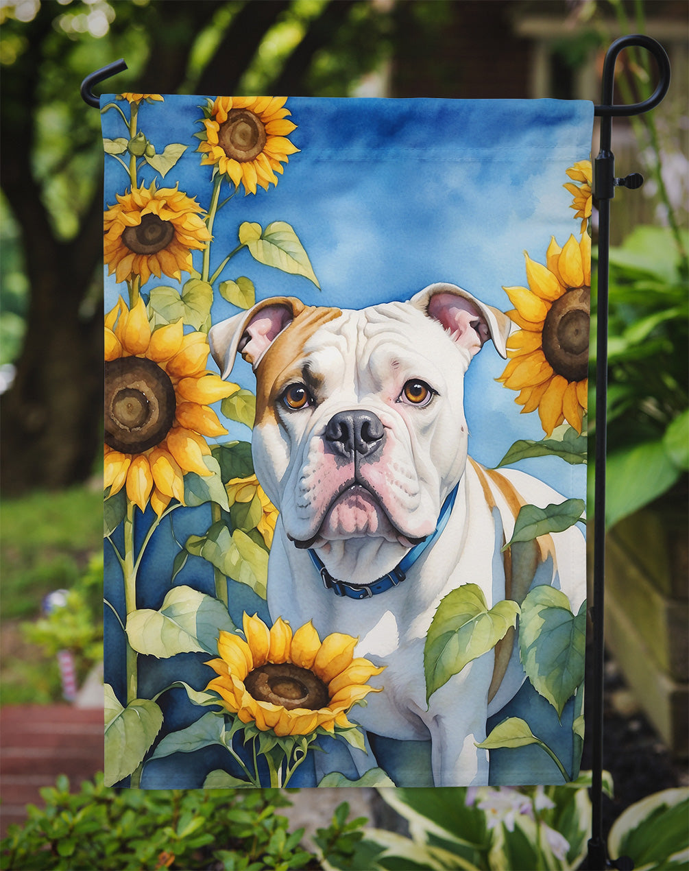 American Bulldog in Sunflowers Garden Flag