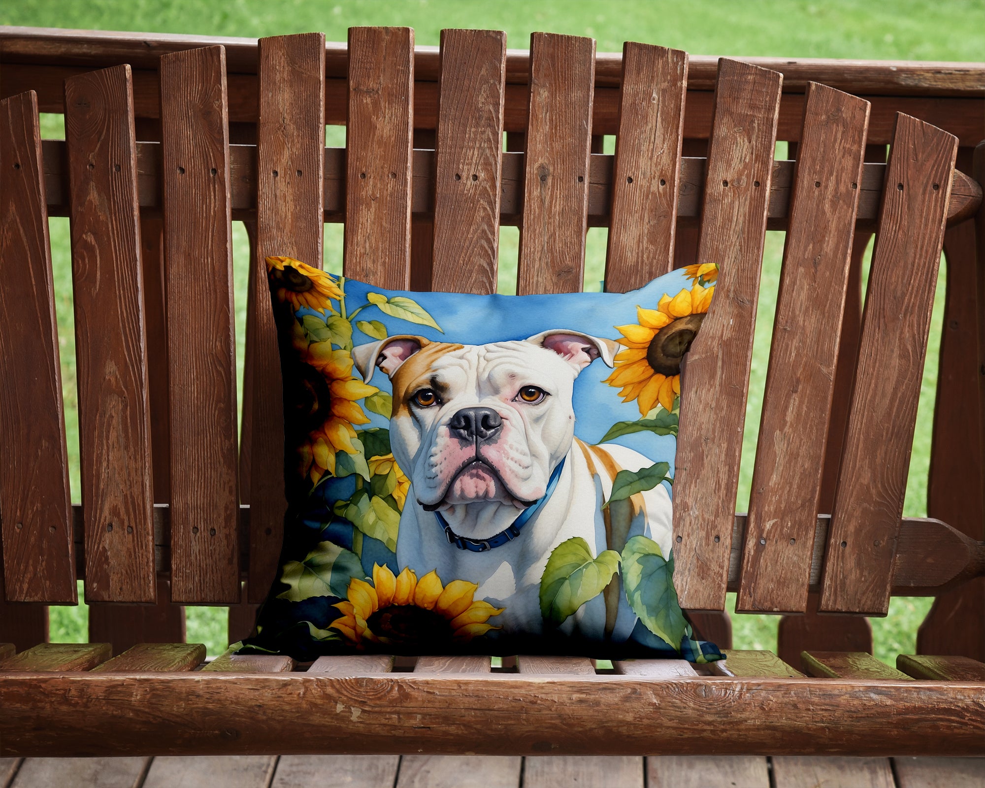 Buy this American Bulldog in Sunflowers Throw Pillow