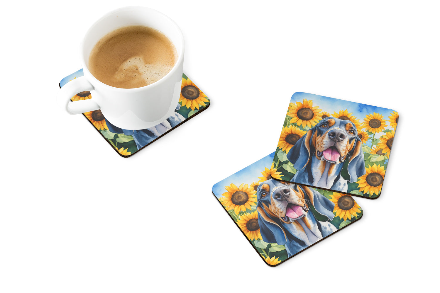 American English Coonhound in Sunflowers Foam Coasters