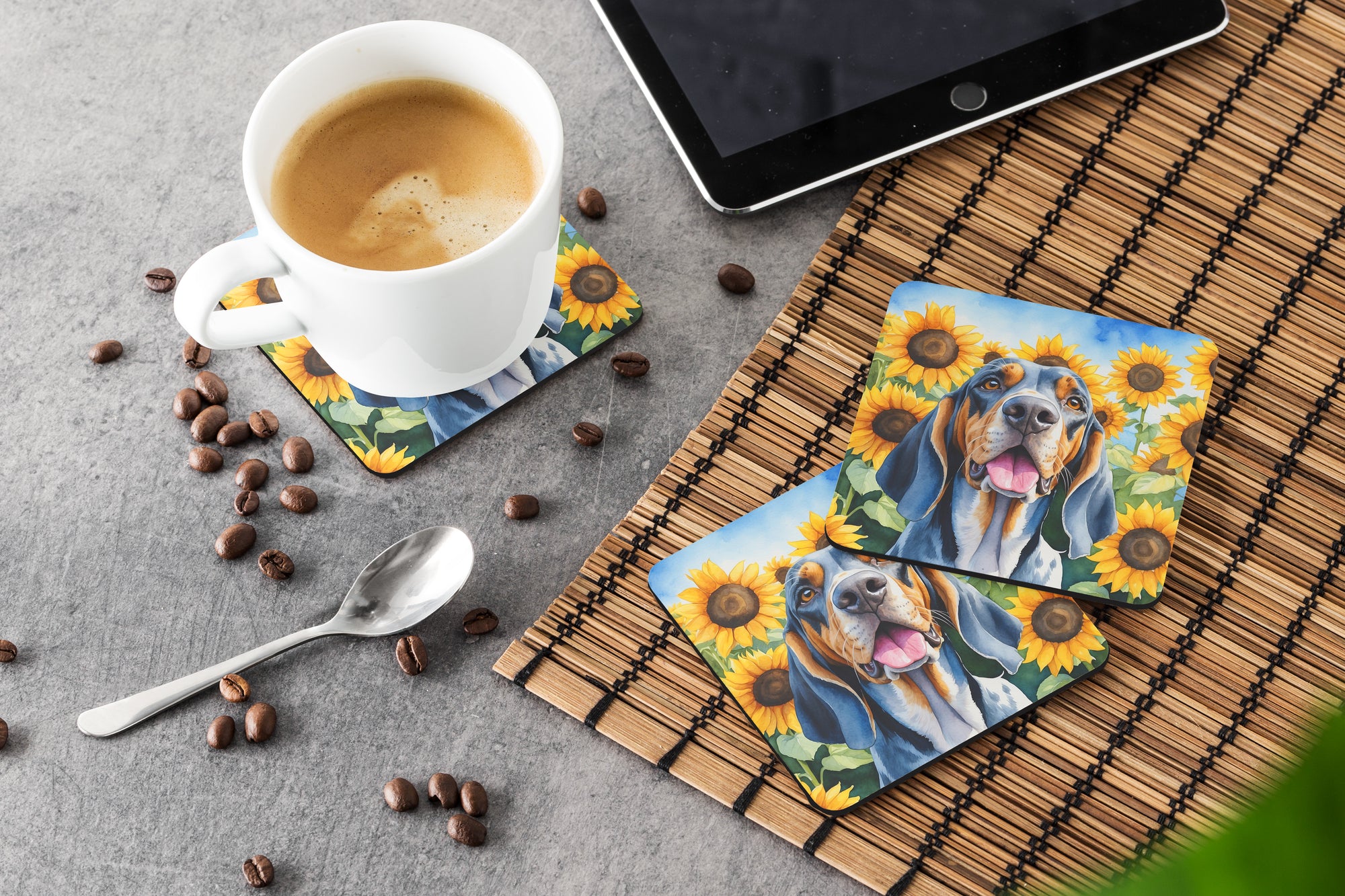 American English Coonhound in Sunflowers Foam Coasters