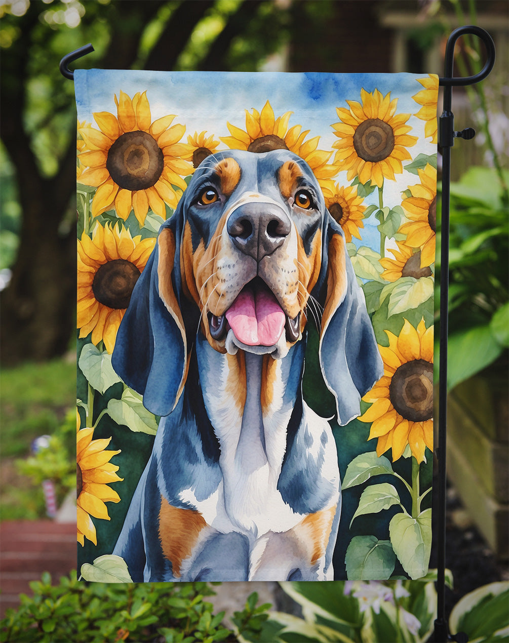 American English Coonhound in Sunflowers Garden Flag