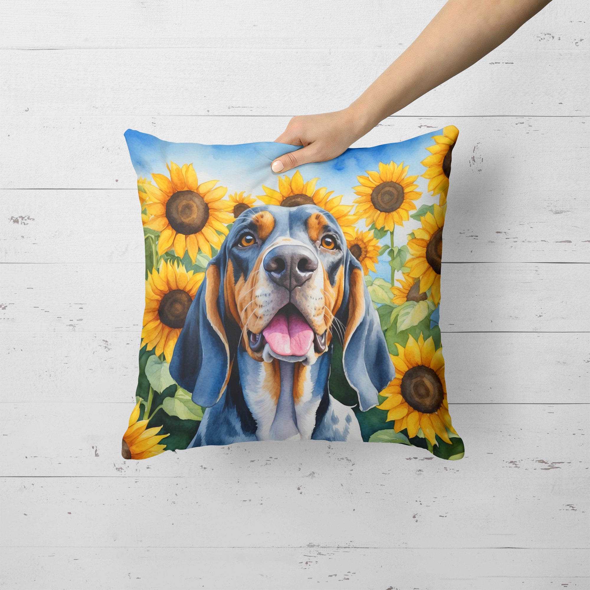 American English Coonhound in Sunflowers Throw Pillow