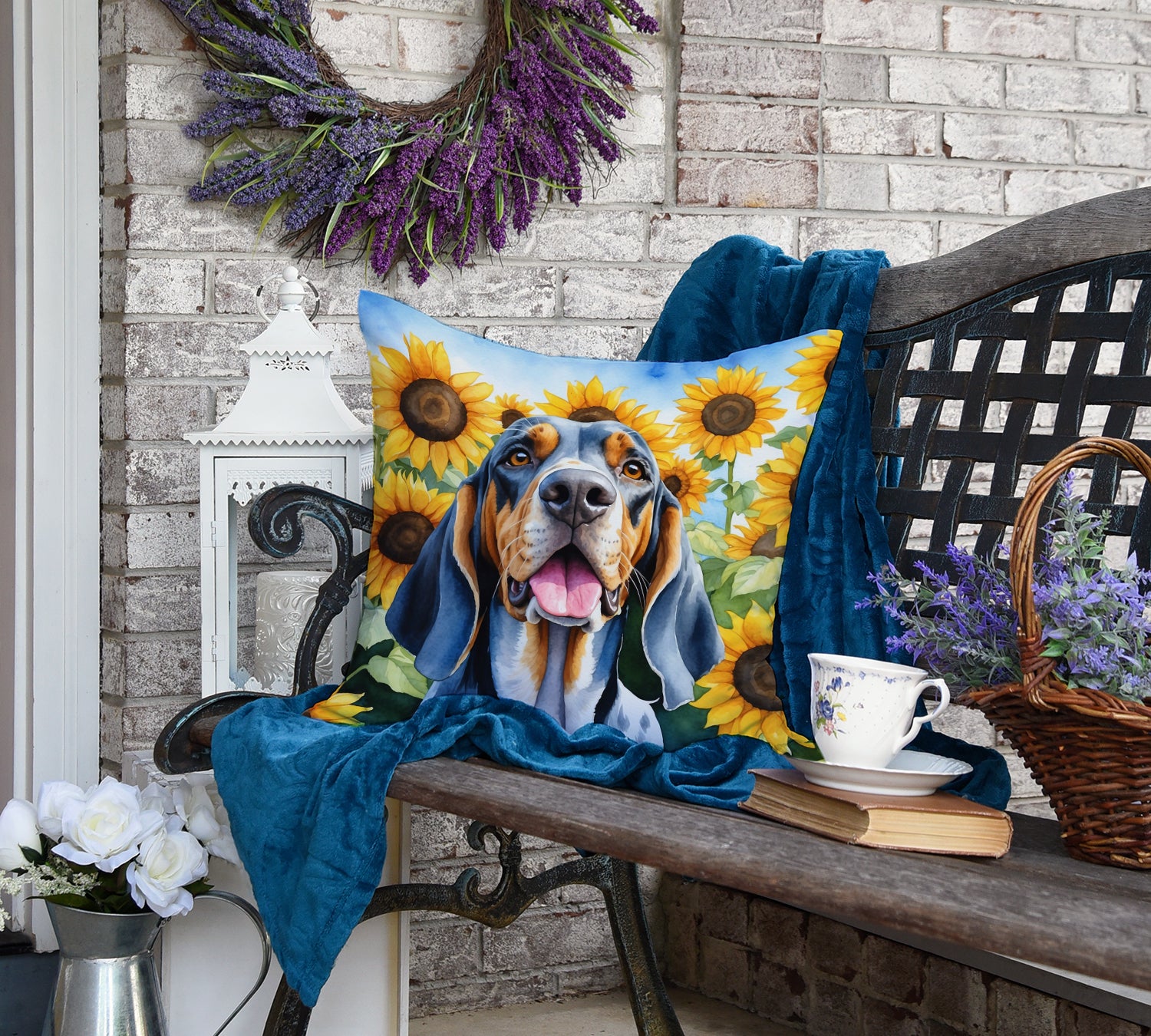 American English Coonhound in Sunflowers Throw Pillow