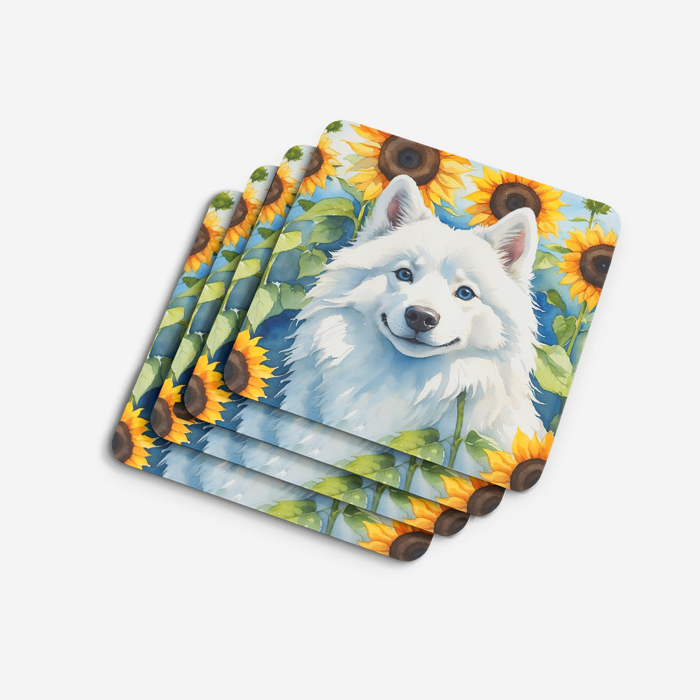 Caroline's Treasures American Eskimo in Sunflowers Coasters - Set of 4 Lightweight Foam, Absorbent Drink Coasters