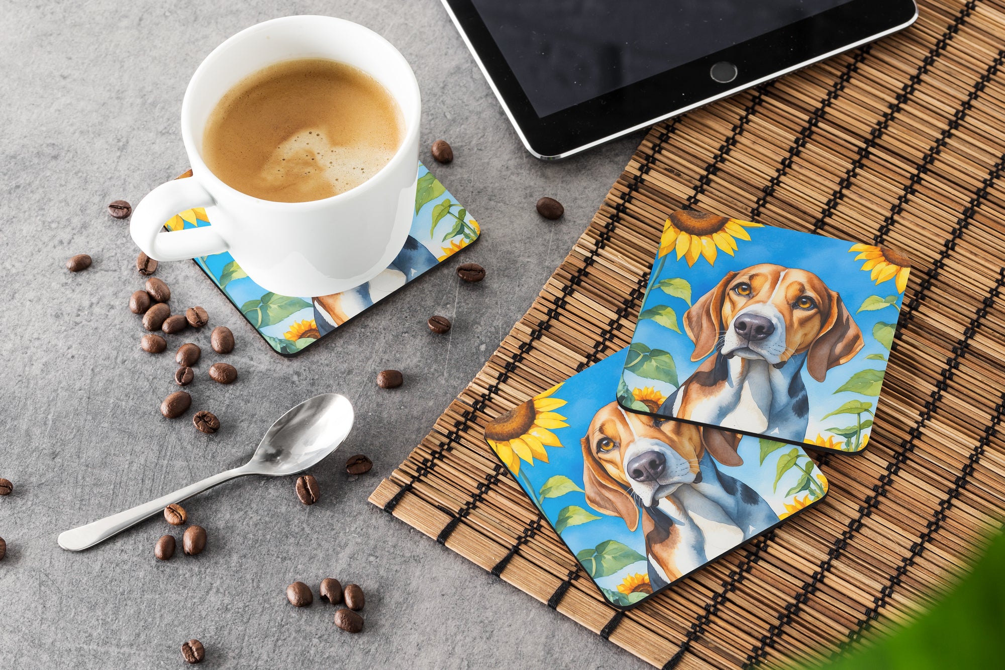 American Foxhound in Sunflowers Foam Coasters