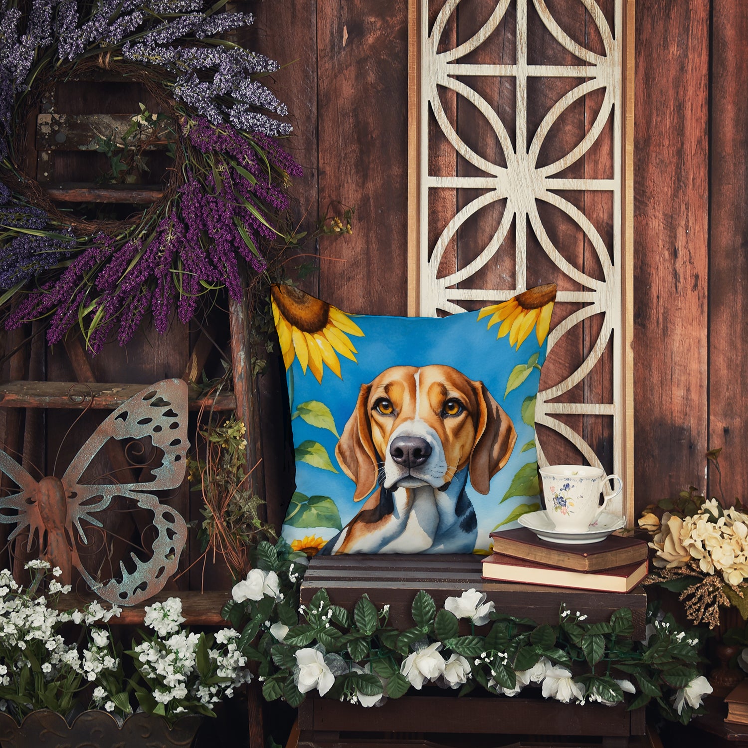 American Foxhound in Sunflowers Throw Pillow